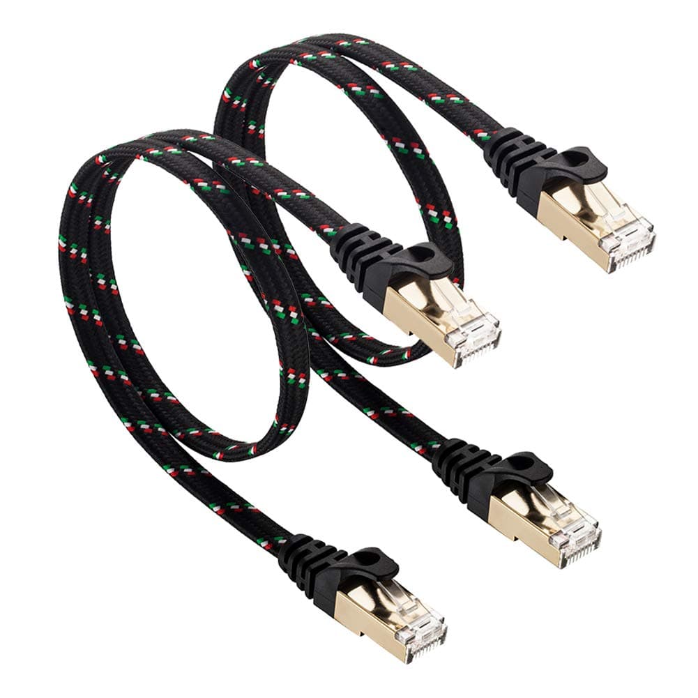 Short Ethernet Cable 2Pack, SNANSHI Cat 7 Flat Ethernet Cable 5 ft Nylon Braided RJ45 Network LAN Cable for Modem Router LAN Network Playstation Xbox Black