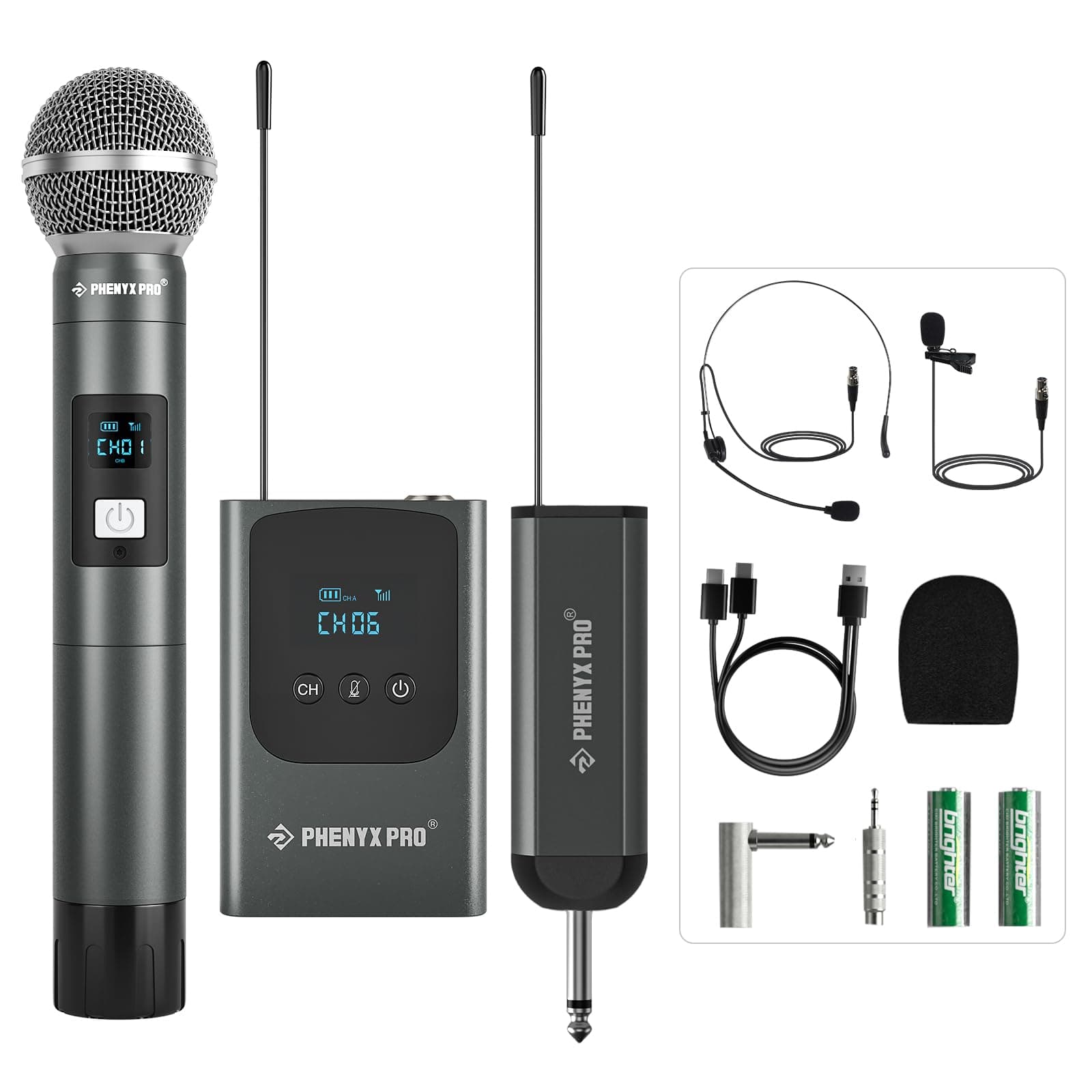 Phenyx Pro Dual Digital Wireless Microphone System, w/Handheld Dynamic Microphone, Bodypack Transmitter, Mini Receiver, 2x15 UHF Frequencies, Headset/Lapel Mic for Singing (PDP-2-1H1B)