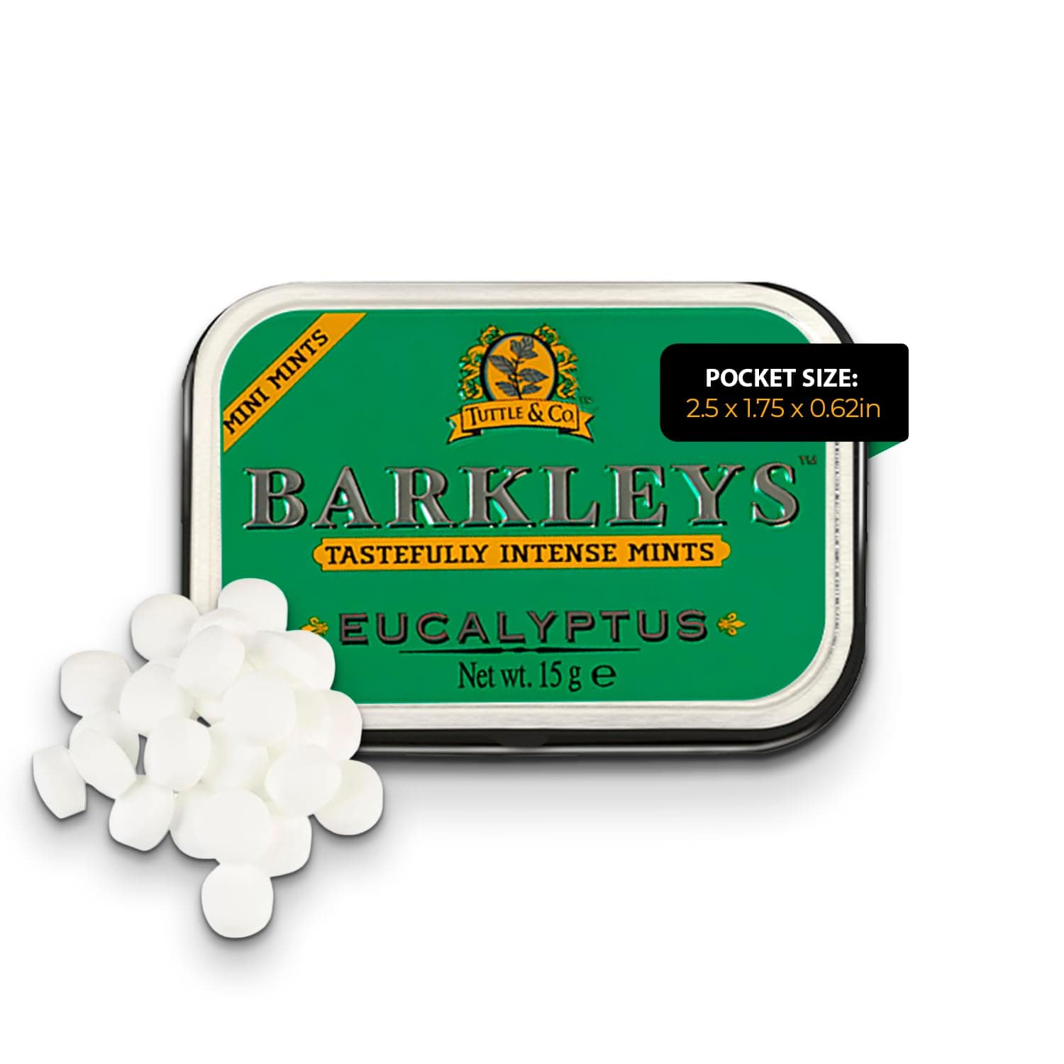Barkleys Eucalyptus Breath Mini Mints - Strong Eucalyptus Flavor Cool Mint Candy For Party, After Dinner, Wedding, Every Day Use-Vegan Breath Mints In Reusable Classic Mini Travel Tins - 15gr, 1-pack