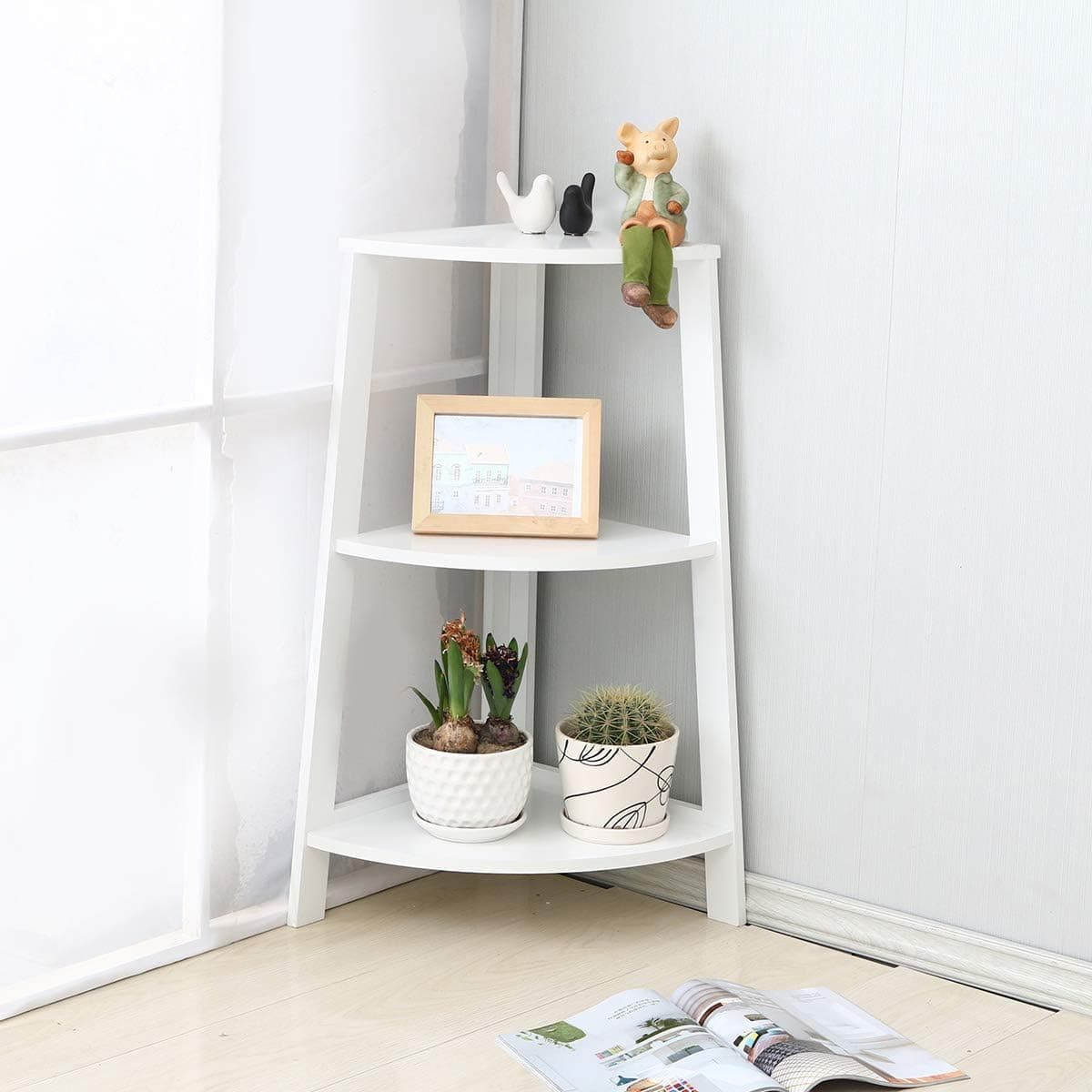 Modern 3-Tier Corner Ladder Shelf: Space-Saving Bookcase and Storage Solution for Living Room and Home Office (White)