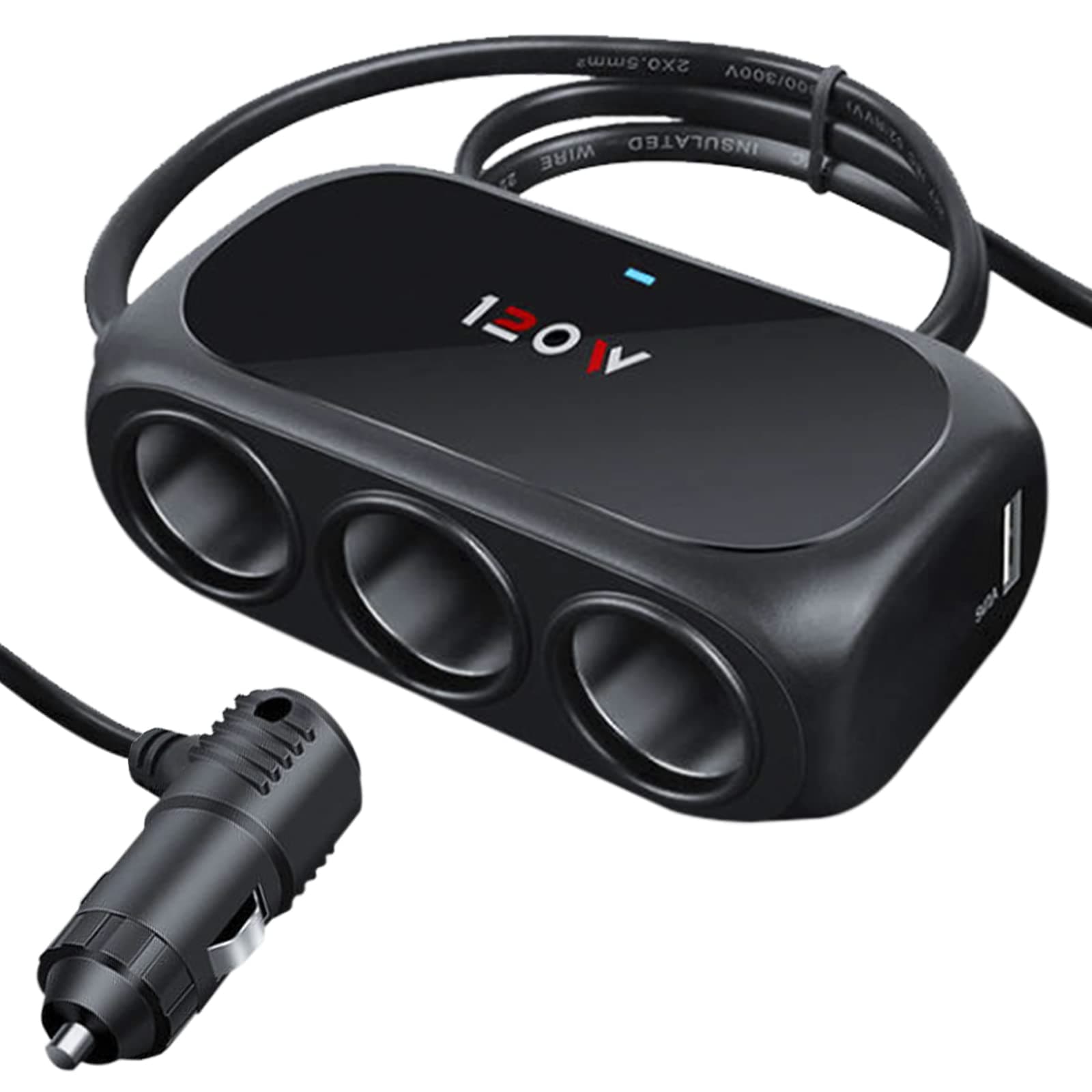 3-Socket Car Cigarette Lighter Splitter Adapter, 2 USB Splitter Extender [120W] [12V/24V] [3.1A Dual USB Car Charger] [Black] for Device with Emergency Warning Light