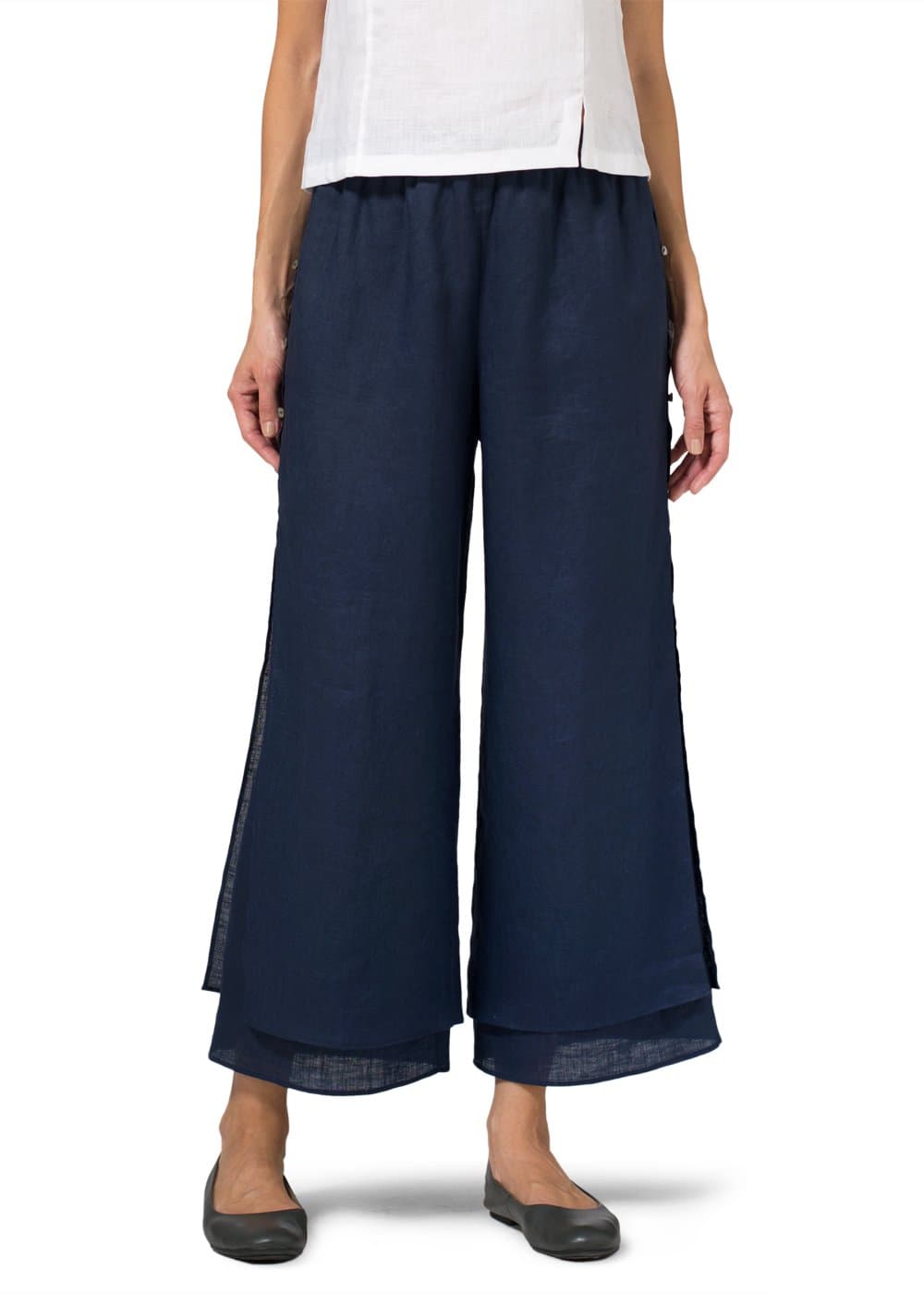 Vivid Linen Double Layer Cropped Pants with Sea Shell Button
