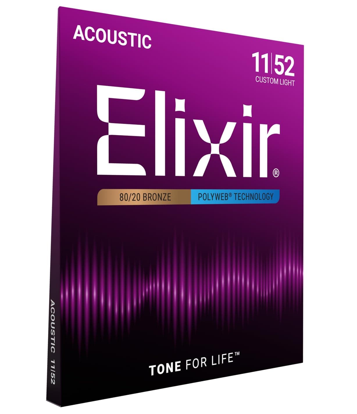 Elixir Strings, Acoustic Guitar Strings, 80/20 Bronze with POLYWEB Technology, Longest-Lasting Warm Tone with Comfortable Feel, 6 String Set, Custom Light 11-52