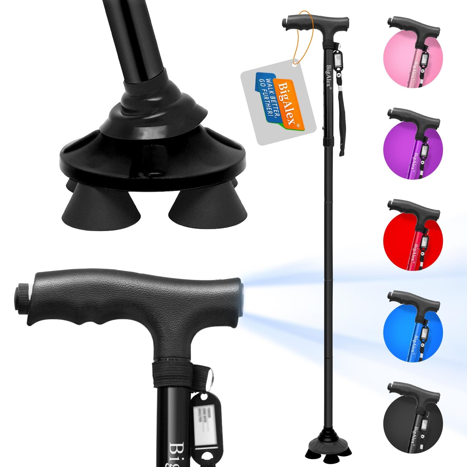 Folding Walking Cane with LED Light,Pivoting Quad Base,Adjustable Walking Stick with Carrying Bag for Men/Women