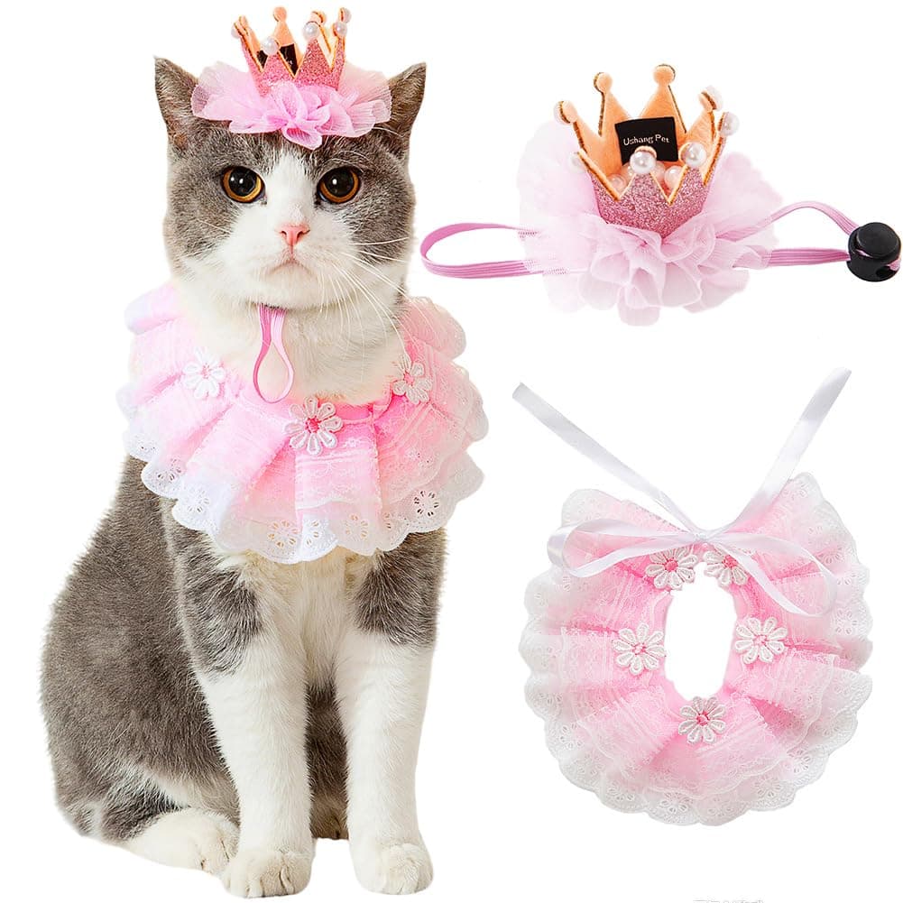 Cat Princess Costumes Cat Crown Hat & Lace Bandana Scarf Set, Puppy Party Hat for Small Dogs & Cats, Lace Outfit for Cats and Small Dogs Birthday Party (Pink)