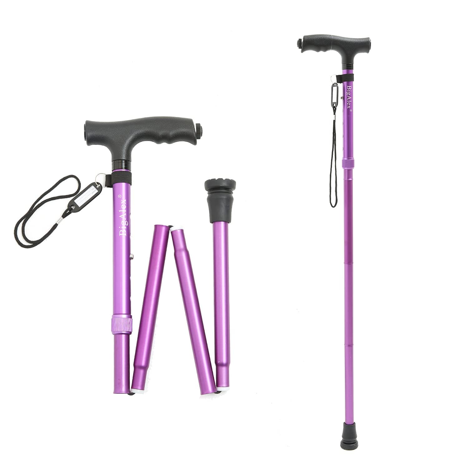 BigAlex Folding Cane,Adjustable Collapsible Cane with Led Light,Foldable Walking Cane Lightweight,Portable Hand Walking Stick, Comfortable T Handles (Purple) Short