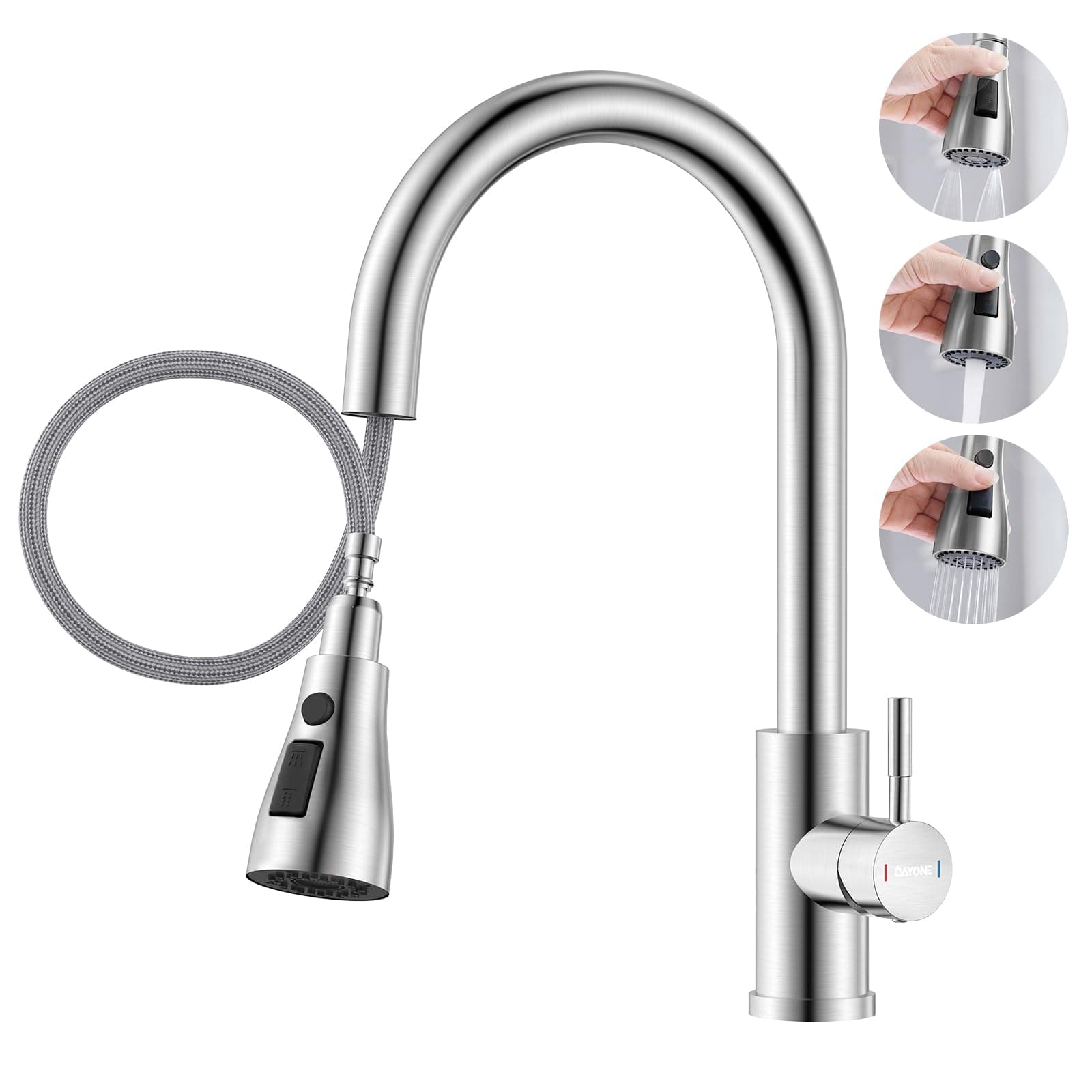 Kitchen Mixer Tap with Pull Out Spray, SUS304 Stainless Steel Sink Taps Mixer with 3 Functions for Kitchen, 360° Swivel Single Handle High Arc Kitchen Faucet, Brushed Steel
