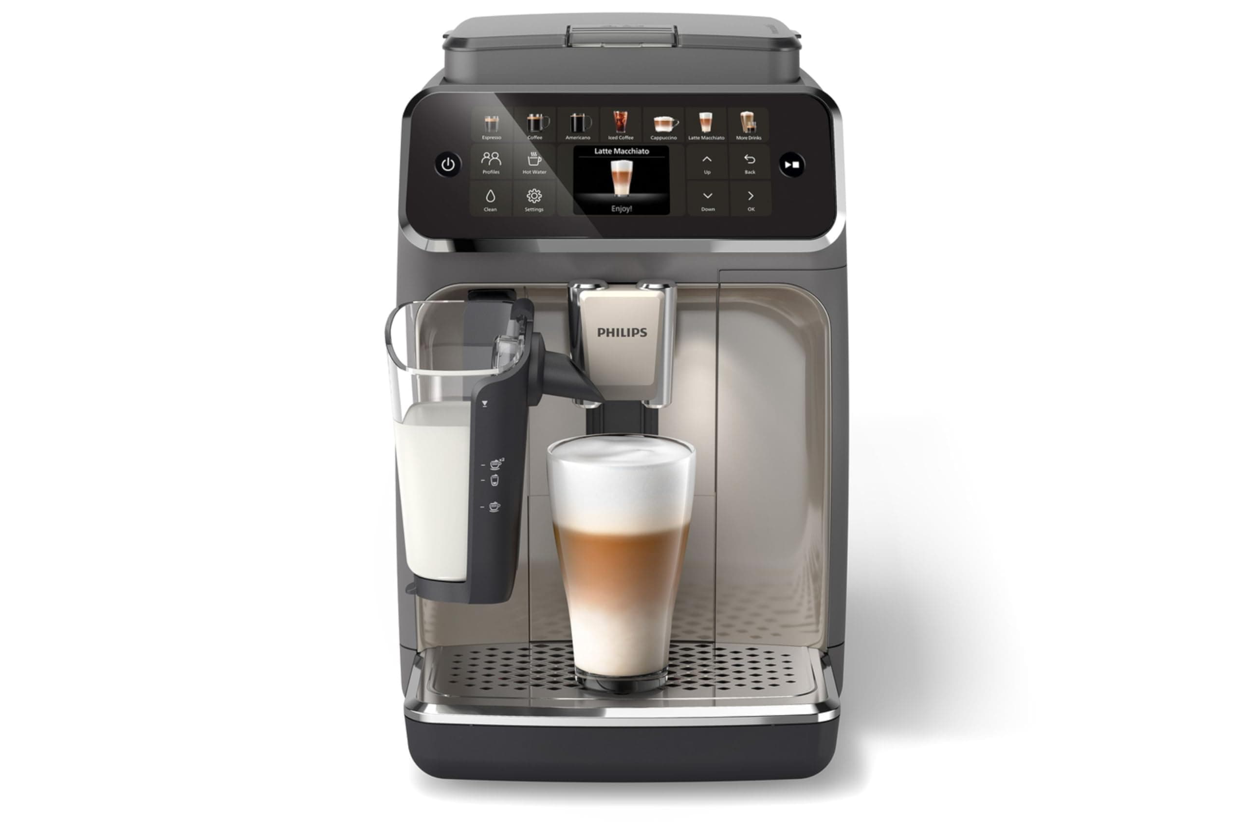 4400 Series Fully Automatic Espresso Machine, LatteGo Milk System, Integrated Grinder, 12 Hot & Iced Coffee Pre-Sets, Quick Start, SilentBrew, 15-Bar Pressure, Black Chrome (EP4444/90)