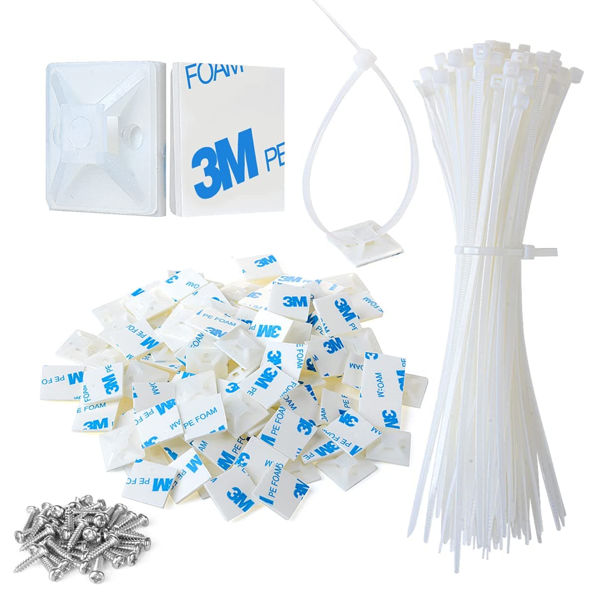 3/4" Strong Back-Glue Self Adhesive White Cable Zip Tie Mounts 100pcs with 8" Ties, Screws, Outdoor Sticky Wire Fasteners Cable Clips Management Anchors Organizer Holders Squares