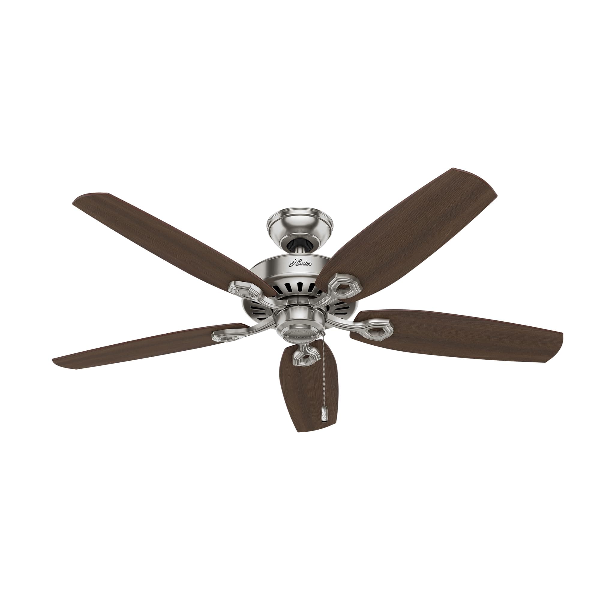 52 inch Indoor Ceiling Fan No Light with Pull Chain - Ceiling Fan without Light, Standard Mount, 5 Blades, For Bedroom, Living Room, or Kitchen - Builder Elite 53241, Brushed Nickel