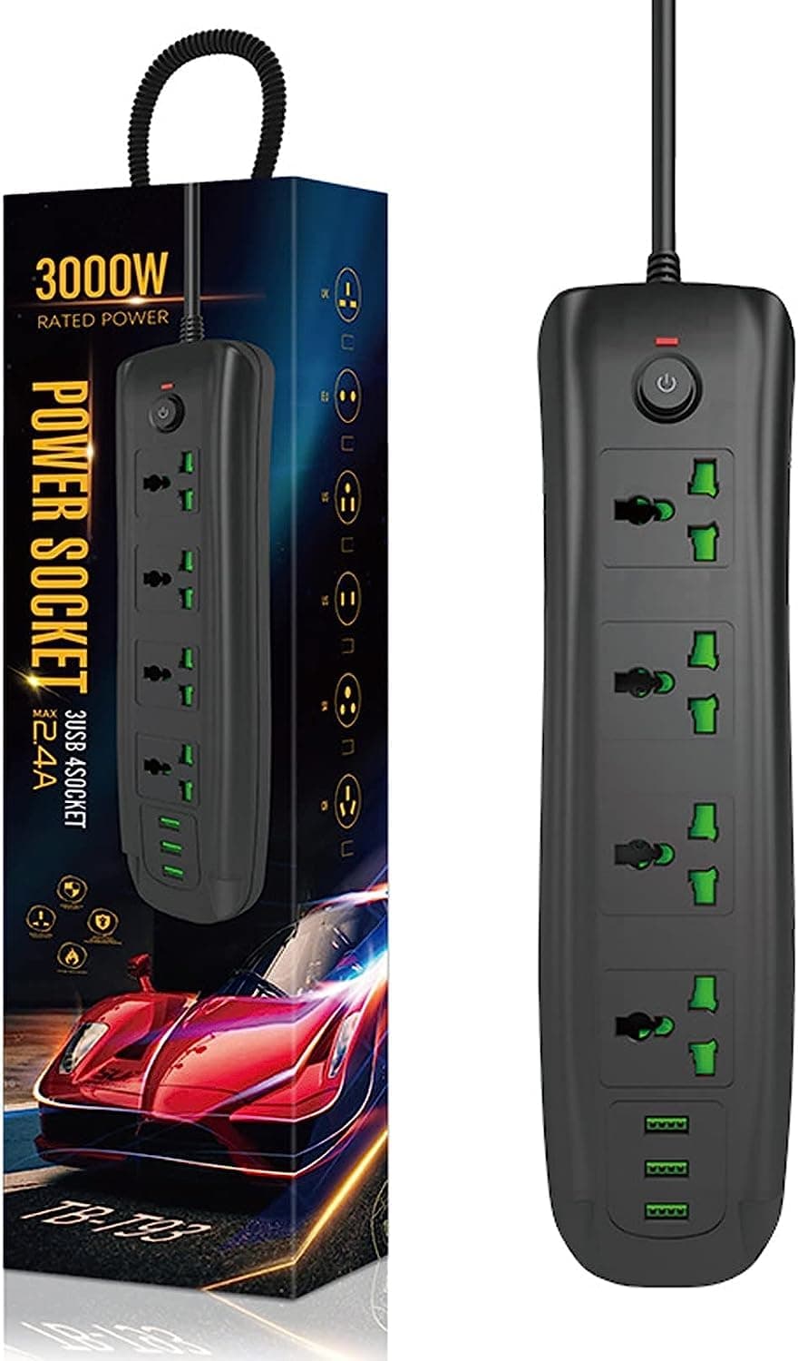 4 Way 5M Power Strip, 4 Outlets and 3 USB Port,5 meters in length Extension Lead, UK Plug 5 Meters Cable 250V 3000W Surge Protector - Black (5M T93)