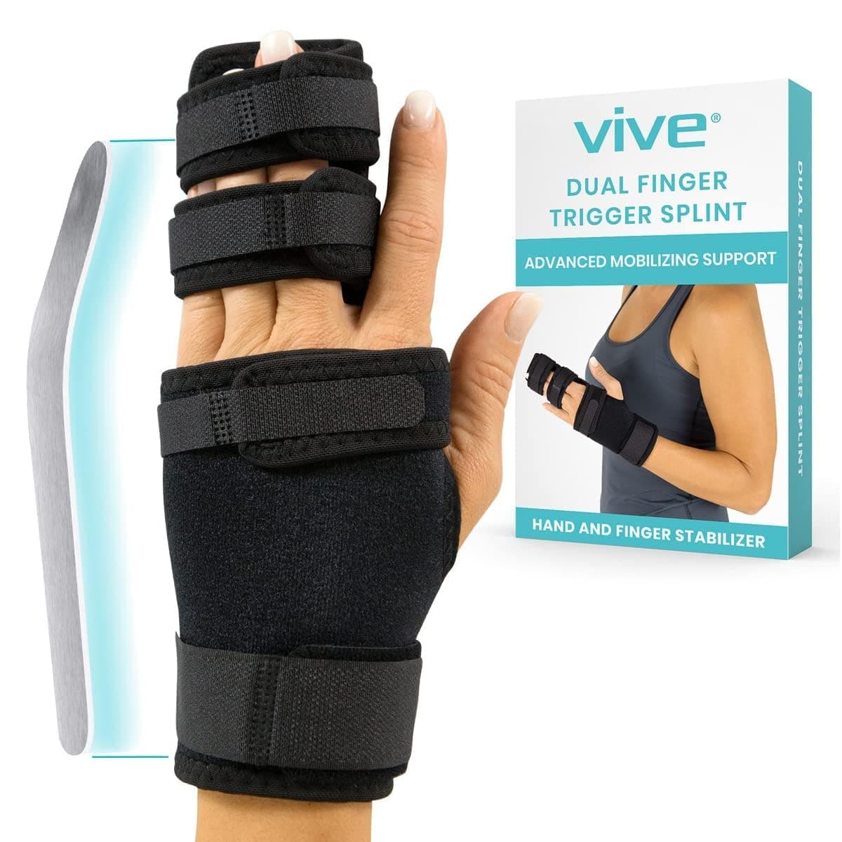 Vive Dual Trigger Finger Splint - Hand Support -Immobilizer For Middle, Pinky, Metacarpal And Ring Fingers - Straightening Braces For Contractures And Broken Fingers And Arthritis - For Men And Women (Black)