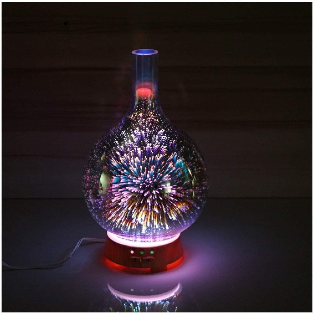 Diffuser, Essential Oil Aromatherapy 100mL- Starry Night 3D Firework Glass - LED Lights - Wood Grain and Glass Aromatherapy Oil Diffuser - 7 Colors Cool Mist Ultrasonic Humidifier for Nursery, Home