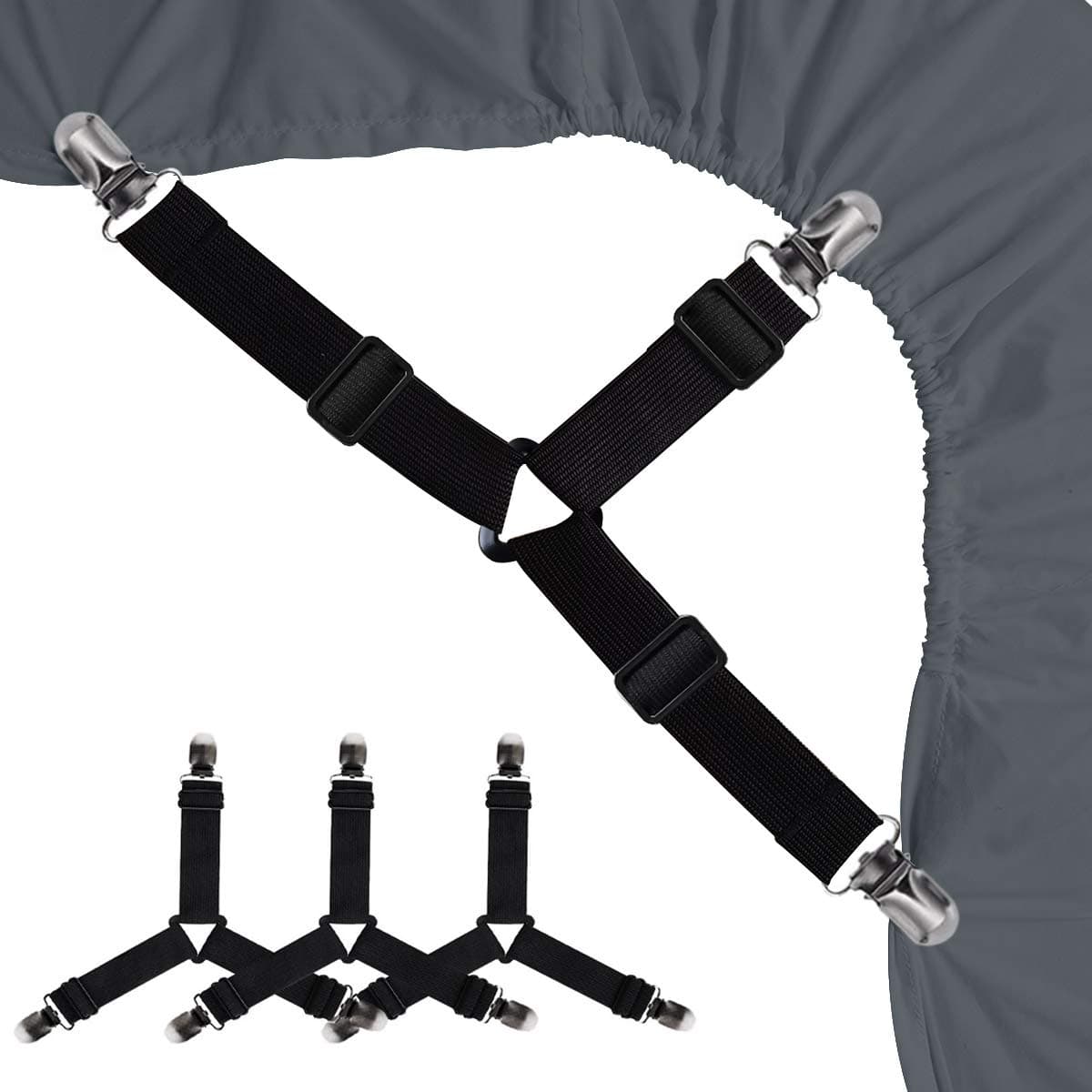 Bed Sheet Holders Straps Fasteners - 4 Pcs Triangle Sheet Fasteners Fitted Sheet Corner Holder Elastic Adjustable Band Sheet Holders Clip Suspenders Grippers(Black)