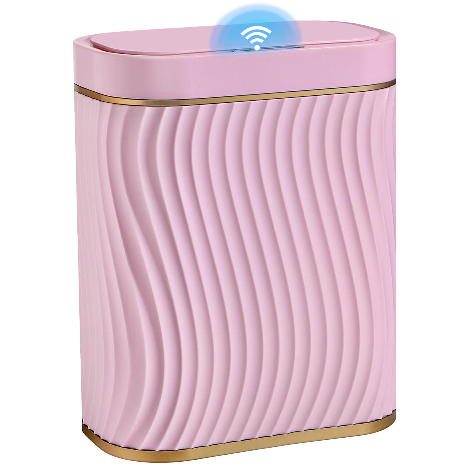 Bathroom Small Trash Can with Automatic Touchless Lid, 2.6 Gallon Smart Garbage Can Narrow Waterproof Trash Bin for Bedroom, Office, Living Room (Gold Pink)