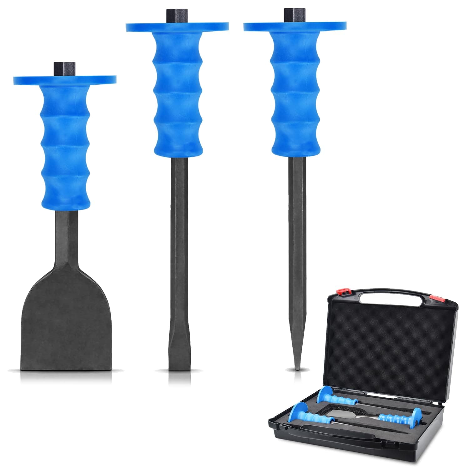 Masonry Chisel Set,Heavy Duty Chisel Set with Hand Protection,11''Point Chisel and Flat Chisel, 8'' Brick Chisel with Storage Case,Concrete and Stone Chisels,Used for Demolition,Carving,Breaking(3pcs)