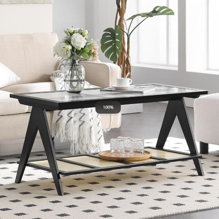 BECHAEO Coffee Table with Tempered Glass Top, Boho Rectangular Coffee Table with Rattan Storage Shelf & Sturdy Metal Frame, Modern Center Table for Living Room