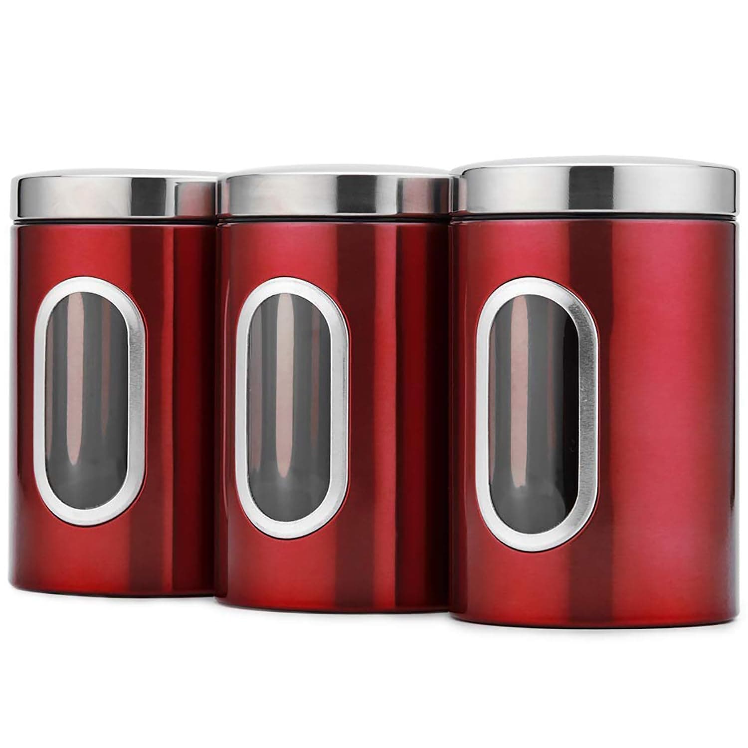 3PC Kitchen Canister Set for Sugar Food Tea Coffee Candy Storage Jars Stainless Steel with Transparent Windows (Red)