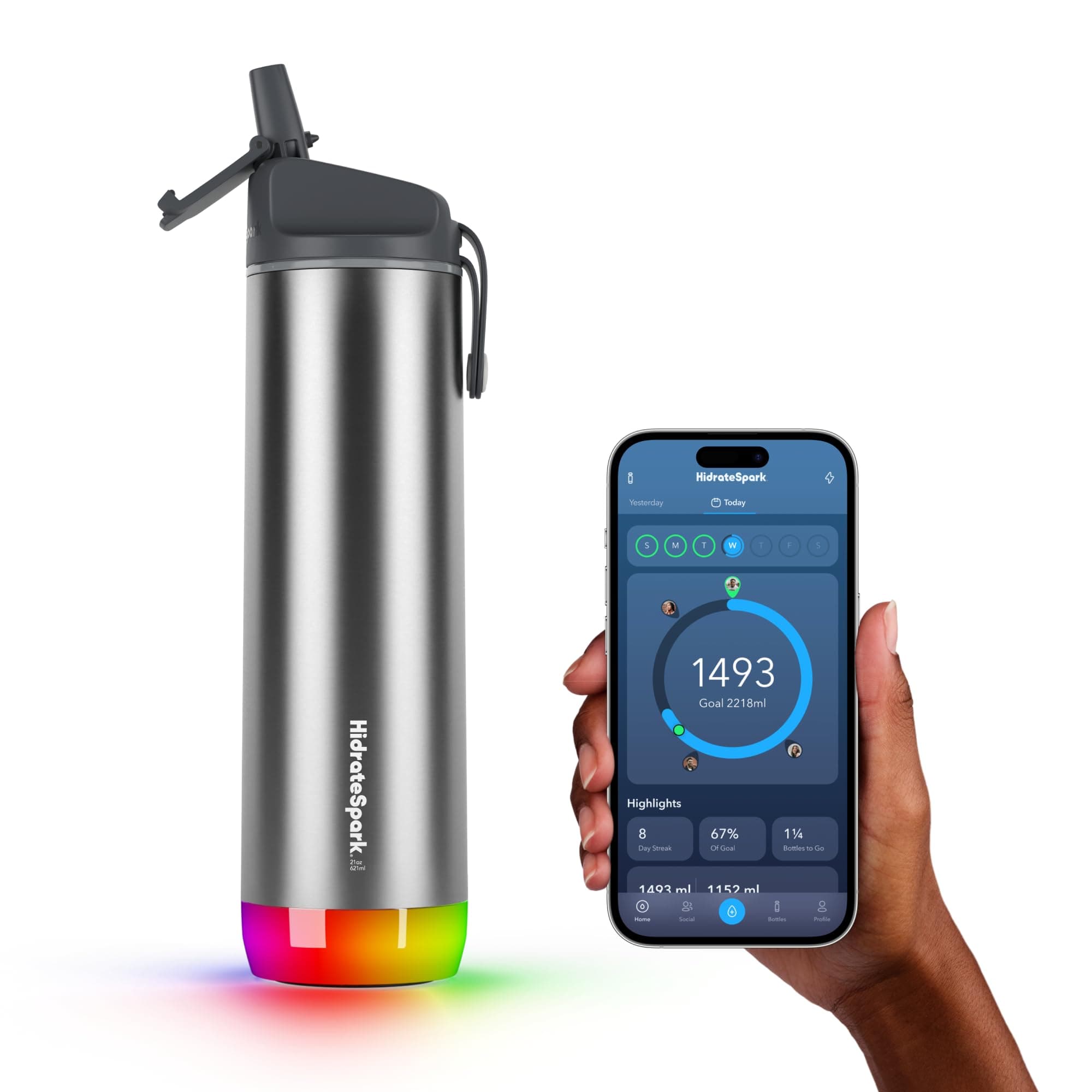 Hidrate | HidrateSpark | Smart Steel Water Bottle to Track Water Absorption and Lights Up to Remind You to Stay Hydrated 0.6L Brushed Stainless Steel Straw