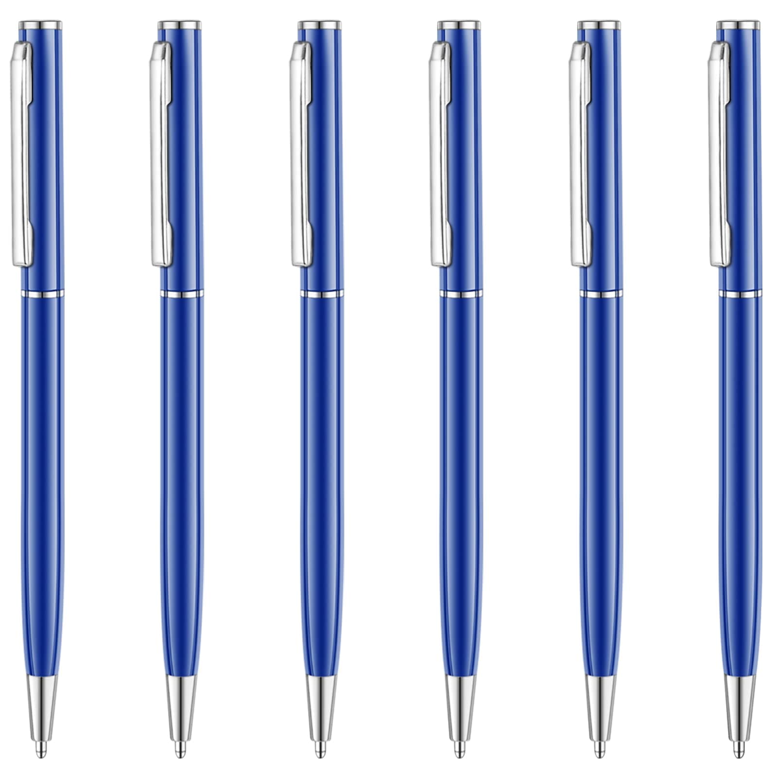 Unibene 6 Pack Glossy Blue Slim Metallic Retractable Ballpoint Pens, 1.0mm Medium Point Black Ink with 6 Stainless Steel Refills for Business Office, Gift