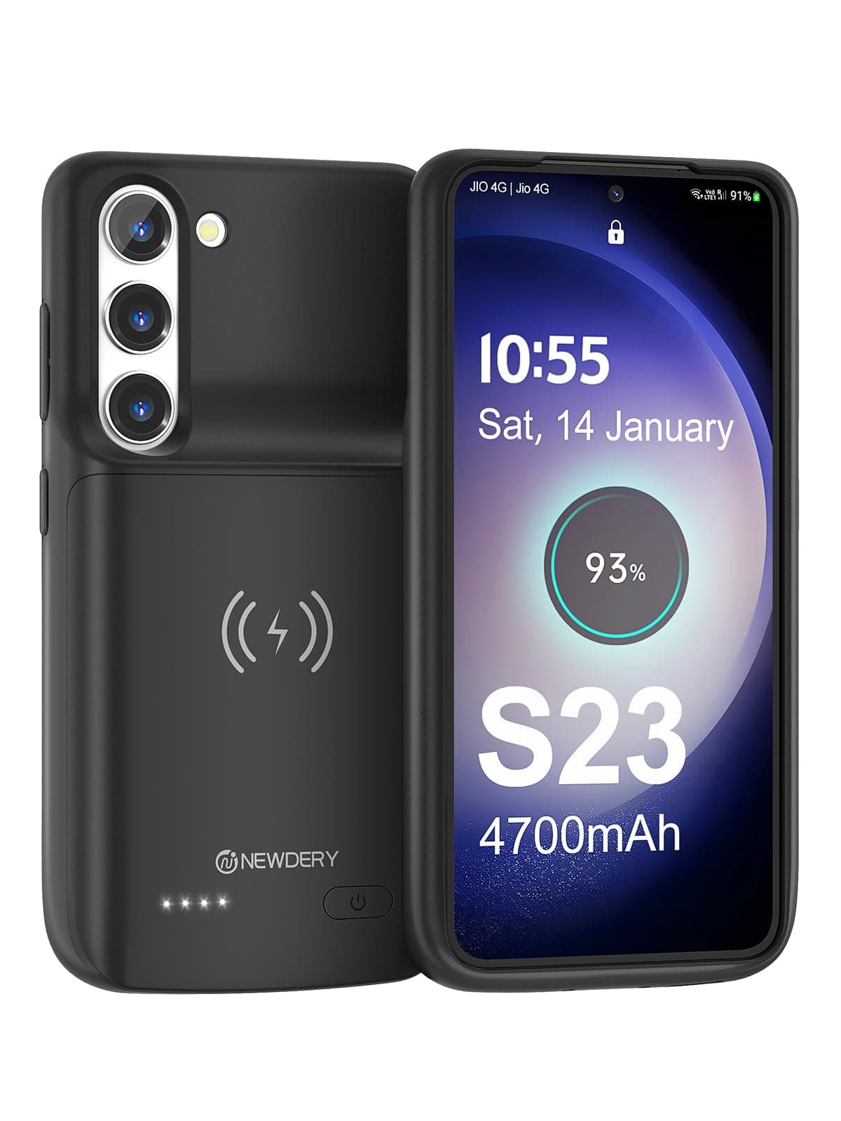 NEWDERY Battery Case for Samsung Galaxy S23, Qi Wireless Charging, Fast Charging, Sync Data Supported, 4700mAh Ultra Slim Portable Rechargeble Charger Case for S23 6.1" Black（Not for S23 Ultra/Plus