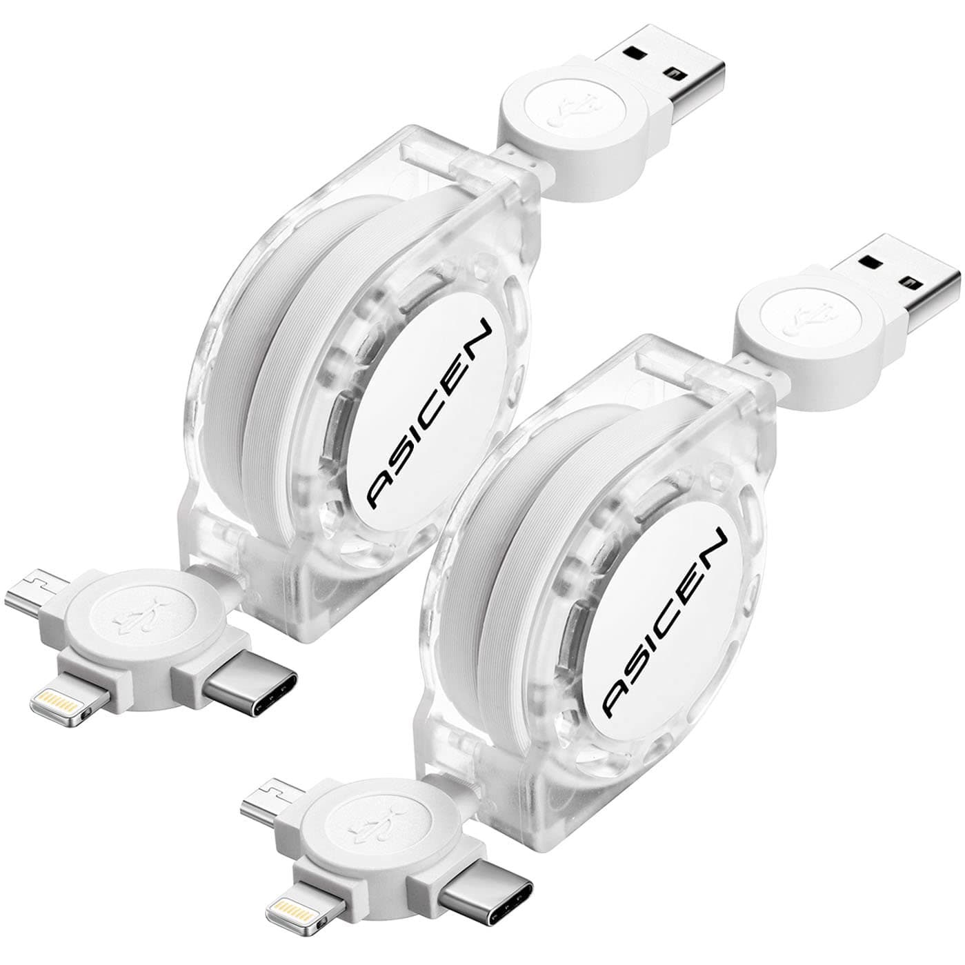 2-Pack ASICEN Retractable Multiple 3A Fast Charging Cable, Multi Charger Cord 3.3ft/1m 3 in 1 USB Charge Cord with Phone/Type C/Micro USB Connector for Phone/Galaxy s9/S8/S7/Hawei and More (White)