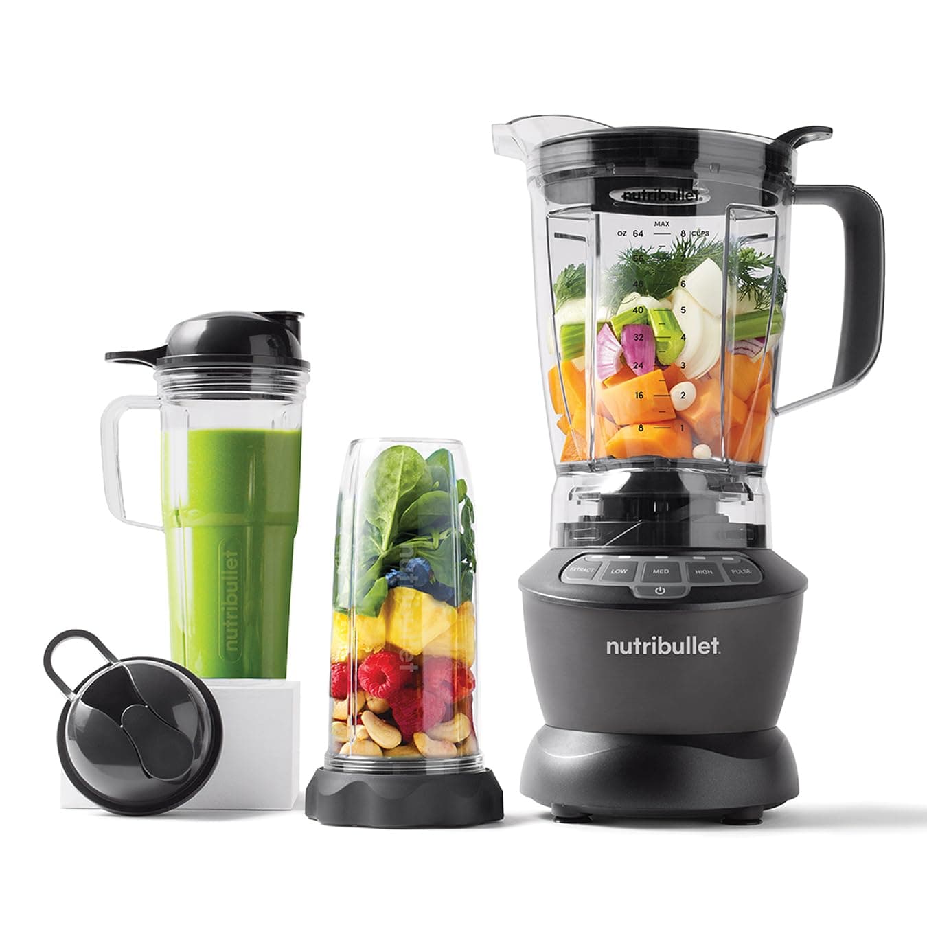 Hot & Cold Blender Combo - Charcoal Grey - 3 Pre-Programmed Smart Cycles & 2 Pulse & Extract Functions - Blend Fruit, Ice & Nuts - 1.8L Capacity - 1200W Base with 3 Cups & 2 Flip-Top Lids