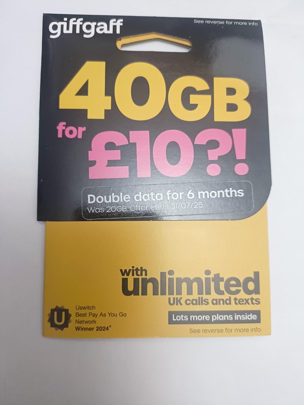 giffgaff Pay As You Go SIM Card, £10 Bundle Includes 40GB Data, Unlimited UK Calls & Texts, 30-Day Plan, 5G Ready