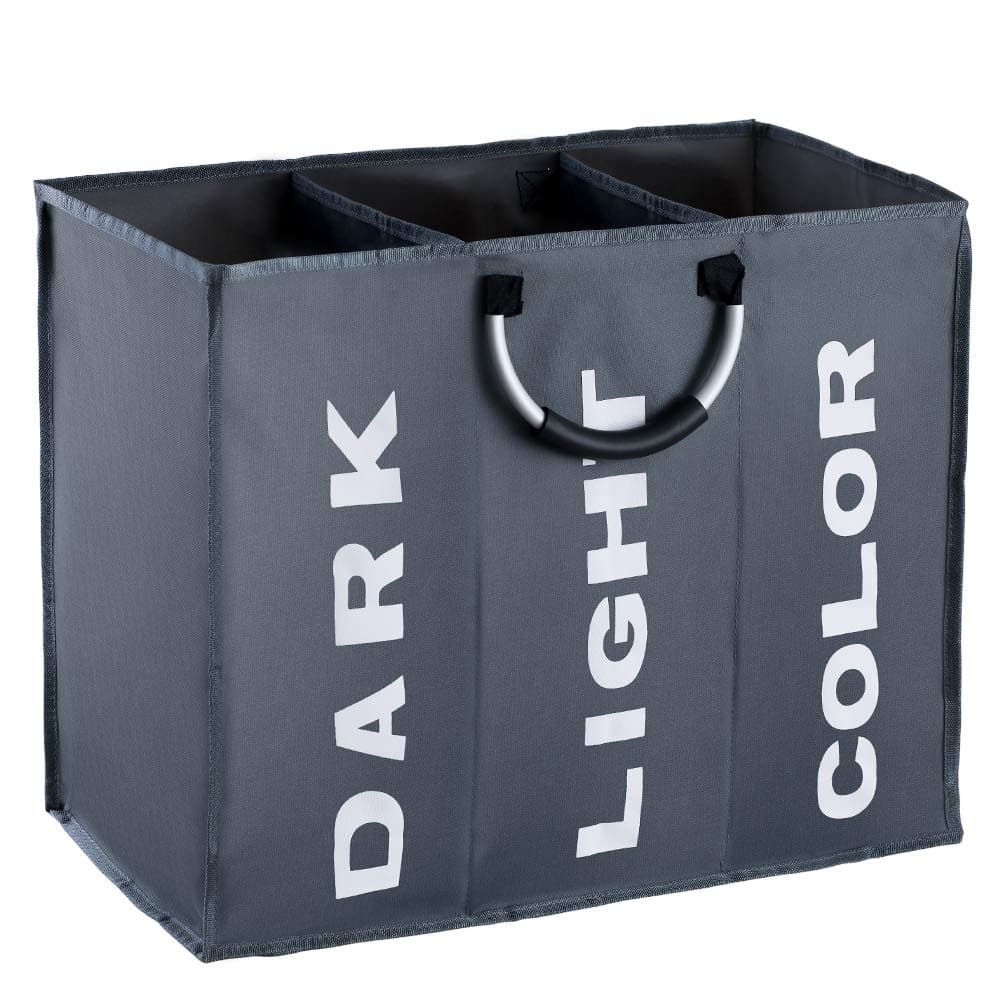 3 Sections Large Laundry Hamper, Collapsible Laundry Bag, Foldable Laundry Basket, Portable Storage Bag Bin with Carry Handles, Dirty Clothes Bag for Bathroom, Bedroom, 90L, Dark Grey