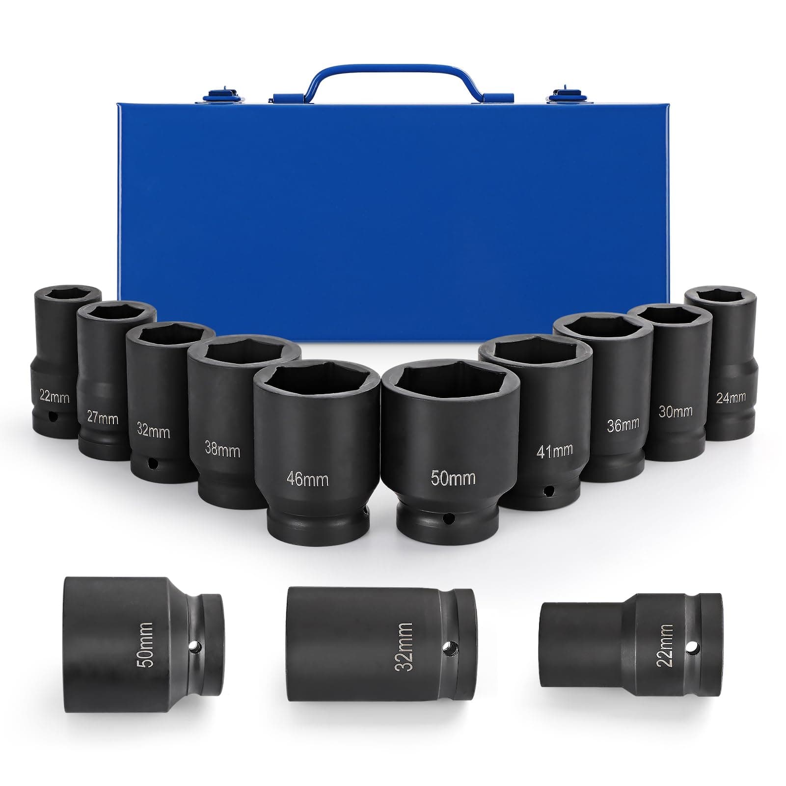 10Pcs Impact Socket Set 1 Inch Metric Large Socket Set 22mm to 50mm Deep Wrench Sockets Drive Shaft Auto Car Tool Set with Plastic Storage Box for Vehicles Maintenance
