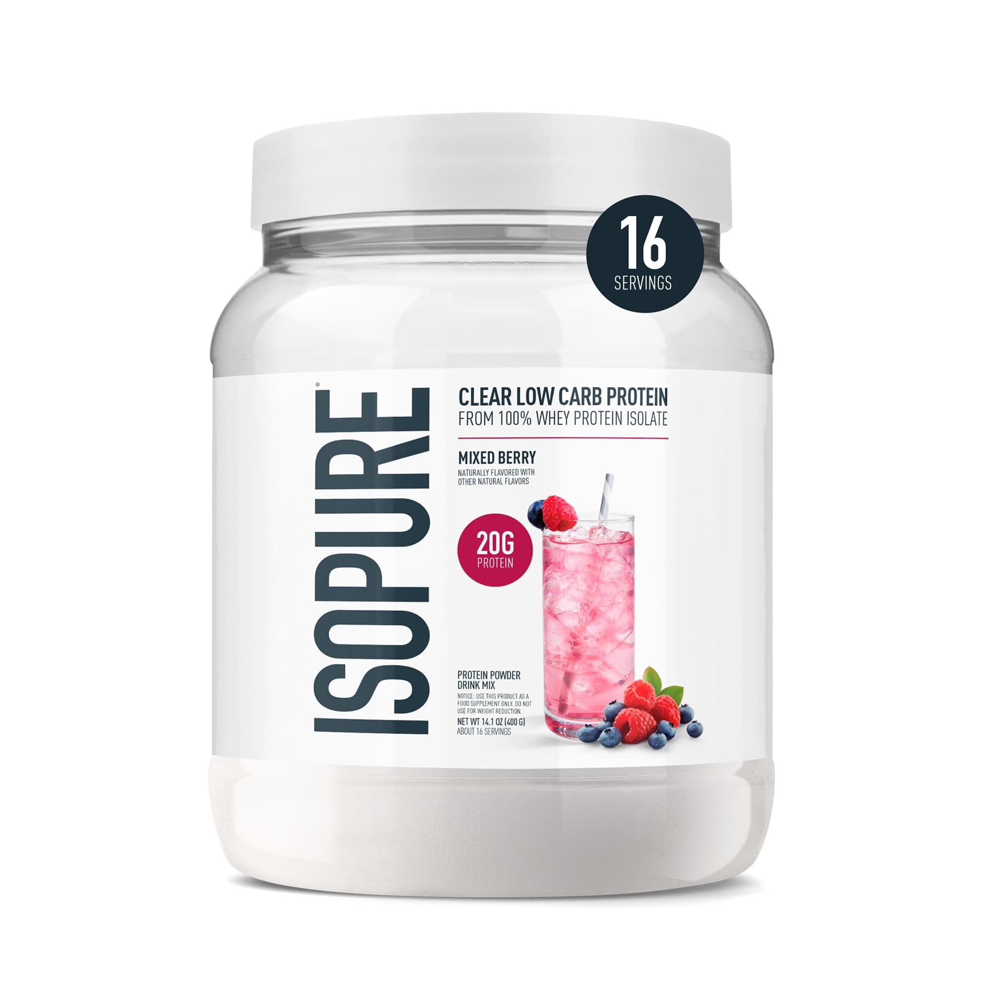Clear Whey Isolate Protein Powder, Lactose Free, Gluten Free, Naturally Flavored, Mixed Berry, 20g Protein Per Serving, 14.1 Oz, 16 Servings (Packaging May Vary)