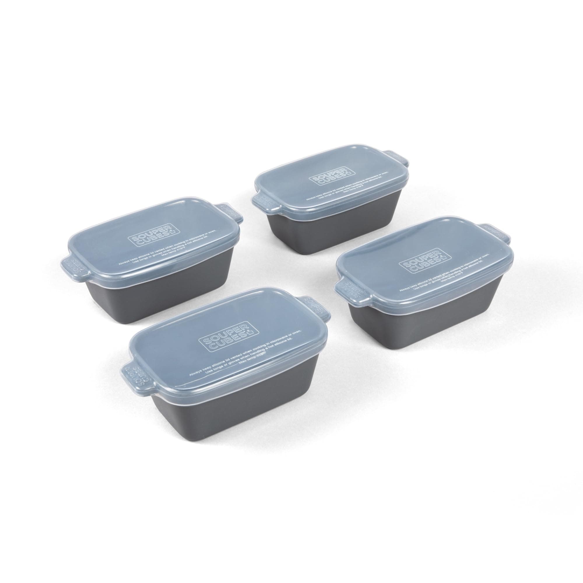 Souper Cubes Stoneware - 5" x 3" Ceramic Single Serve Baking Dishes with Silicone Covers - Mini Baking Casserole Dishes - Kitchen Essentials and Bakeware - Set of 4 - Charcoal