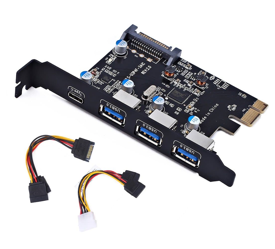 PCI-E to USB 3.0 Type C +3 Type A Expansion Card - Interface USB 3.0 4-Port Express Card Desktop with 15 pin SATA Power Connector [ Include with A 4pin to 2x15pin Cable + A 15pin to 2x 15pin SATA Y-C
