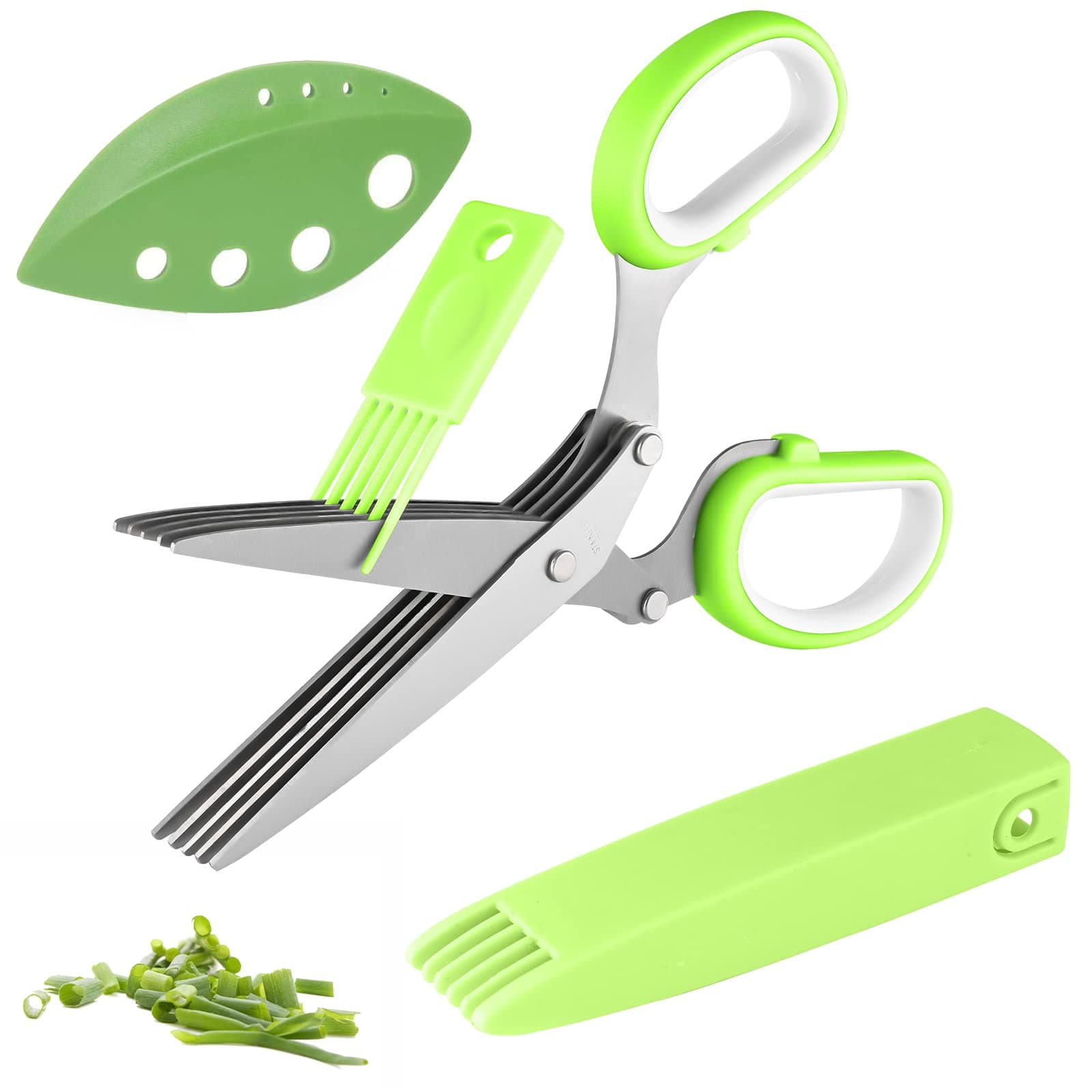 Joyoldelf Gourmet Herb Scissors Set - Master Culinary Multipurpose Cutting Shears with Stainless Steel 5 Blades, Stripping Tool, Safety Cover and Cleaning Comb for Cutting Cilantro Onion Salad