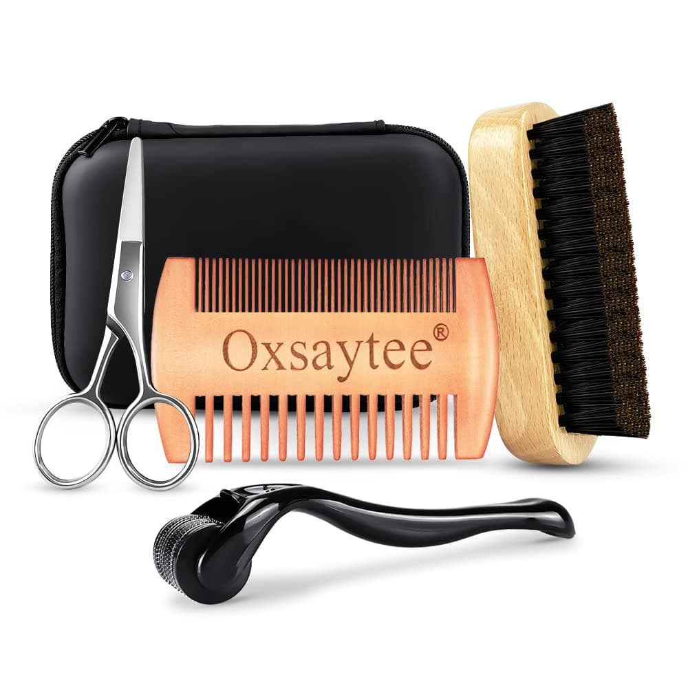 Beard Growth Kit for Men，Beard Brush, Dual Teeth Comb, Barber Scissors,Beard & Mustache Facial Hair Growth Roller Kit with Zipper Box, Birthday Gifts for Fathers Dad Men