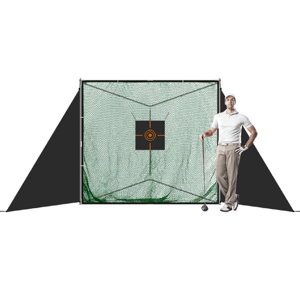 7’ x 6’8” x 7’ Portable Golf Practice Hitting Net with Triangle Stand, Practice Golfing Indoors and Outdoors, Safety Wings Target Aid and Carrying Bag