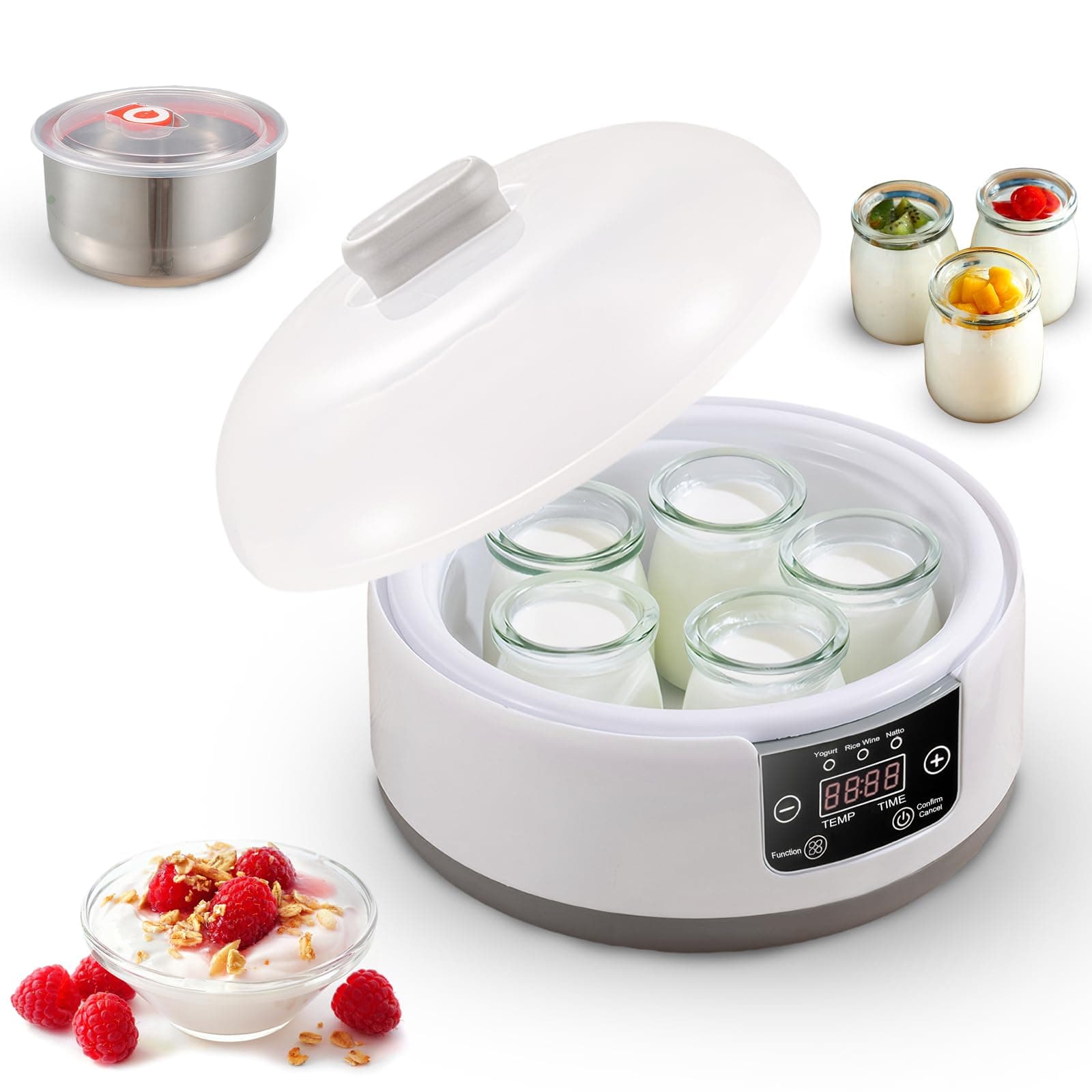 Yoghurt Maker, 1.2L Fully Automatic Yogurt Machine with Temp/Time Control, Fermented Curd Maker with Natto/Rice Wine Function(5 Glass Jars)