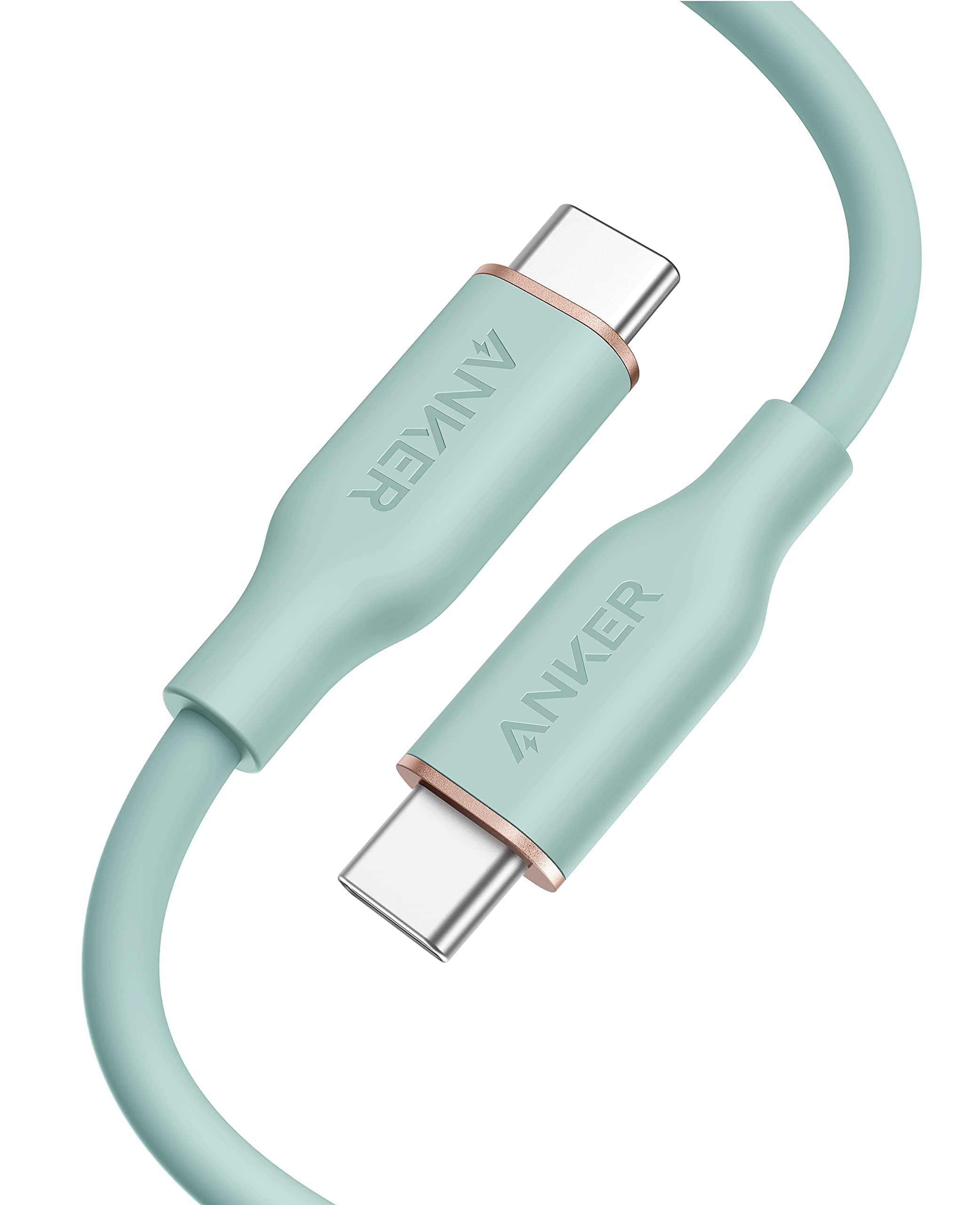 PowerLine III Flow USB-C and USB-C Cable, Tangle-Free, 100 W, USB PD Compatible, Silicone Material, Compatible with Various Devices (3 ft (0.9 m), Mint Green)