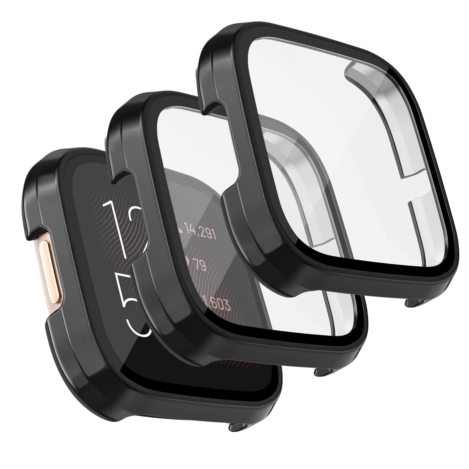 Tobfit [3 Pack] for Fitbit Versa 2 Screen Protector with HD Tempered Glass Protective Case, Hard PC Case Bumper Cover Full Coverage for Fitbit Versa 2 Smartwatch, Black/Black/Black