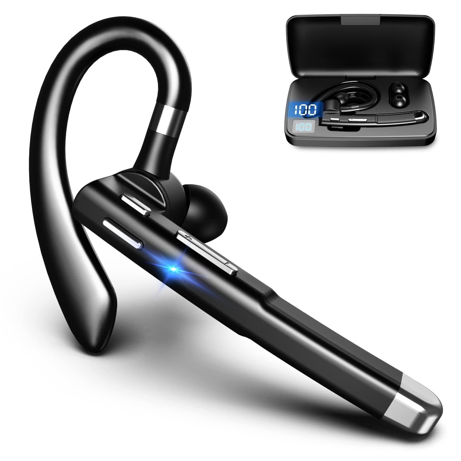 Wireless Bluetooth Headset,Wireless Single Headset with Charging Case and LED Intelligence Display,10h Talking Time Handsfree Earphones,with Dual-mic Noise Cancelling, for Business/Office/Driving