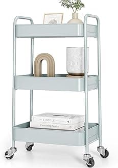 TOOLF 3-Tier Rolling Cart - Metal Utility Storage Organizer with Lockable Wheels, 33 lbs Per Shelf, Tool-Free 5-Min Assembly, for Kitchen Bathroom Office Nursery Craft Room, Green