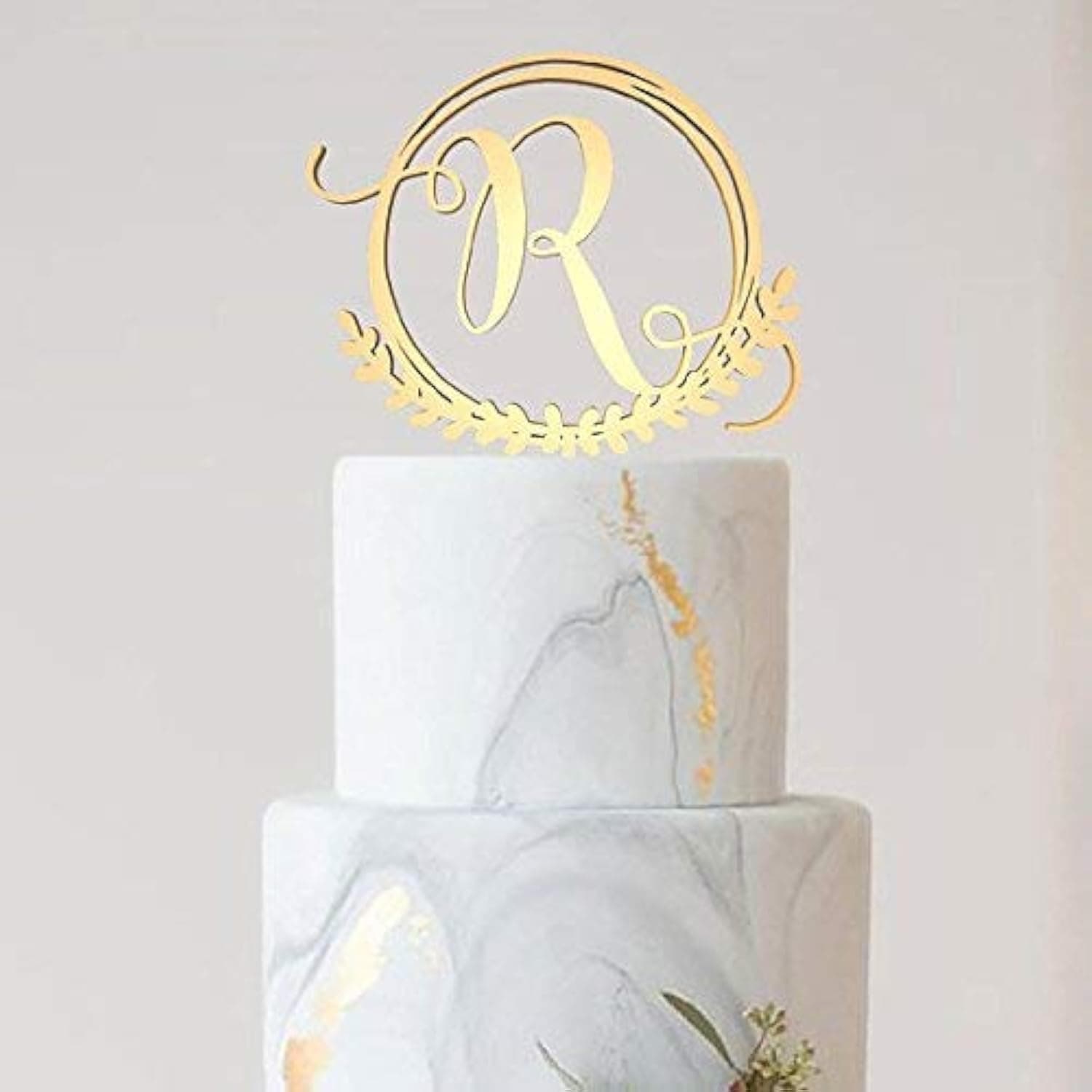 KISKISTONITE Personalized Initials R Cake Topper, Monogram Rustic Wedding Wreath Letter R, Mirror Gold Wedding Decoration