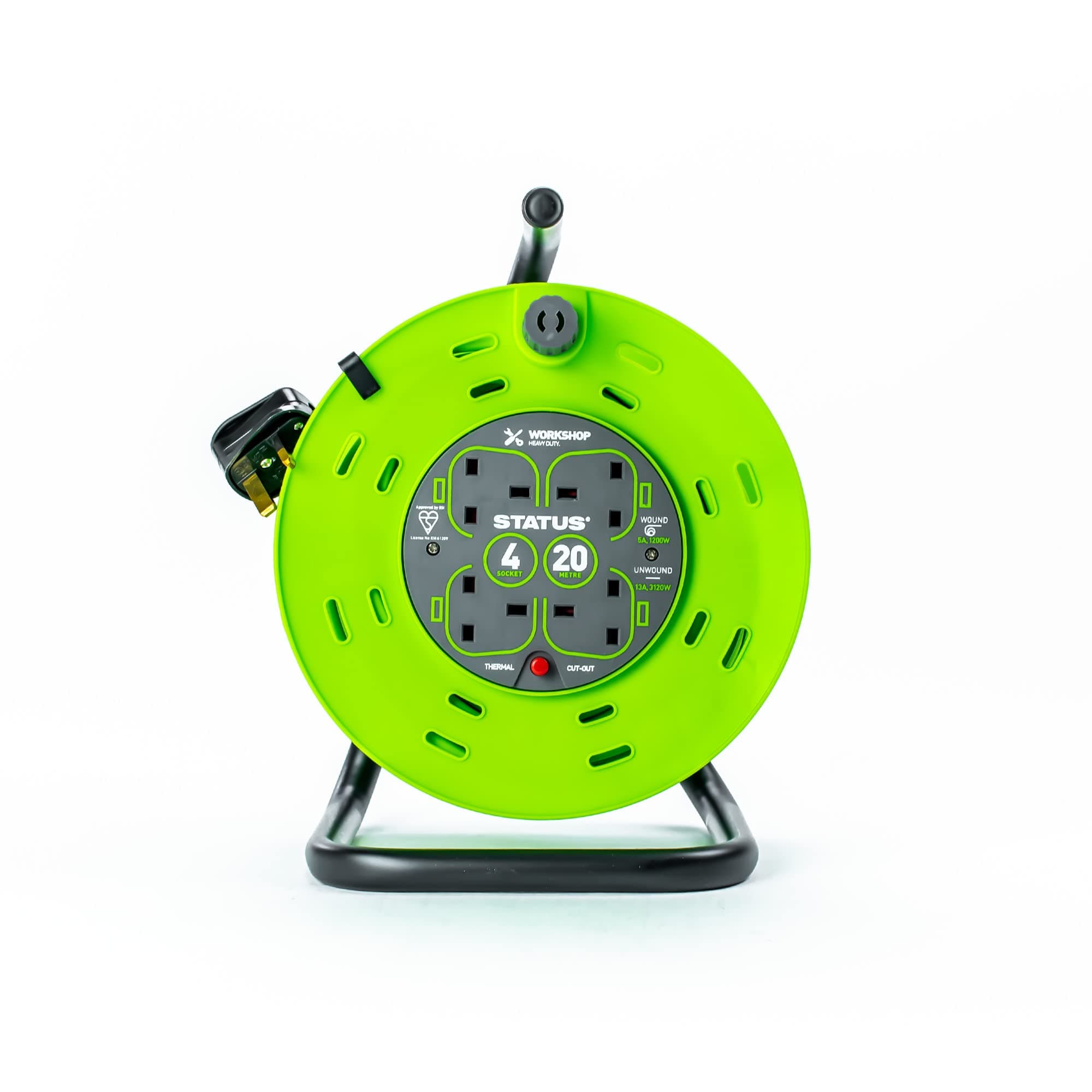 Status 13 A 4 Socket Cable Reel with Thermal Out, 20 metres (Assorted Colours)