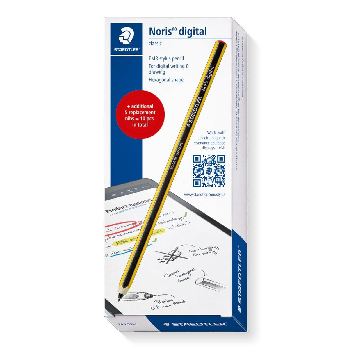Noris Digital Classic 180 22, EMR Stylus Set, 1 Stylus for Digital Writing and Drawing on EMR Touch Screens (4096 Pressure Levels, Fine Tip) + 5 Additional Replacement Tips, 180 22-1X