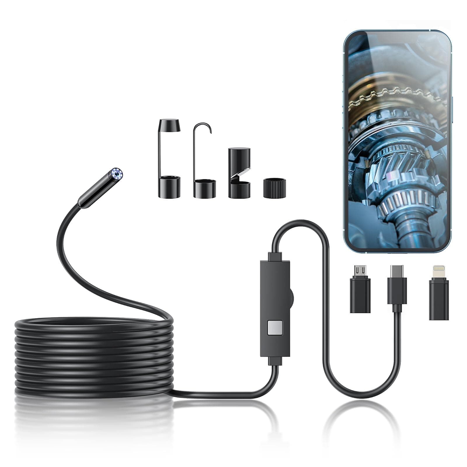 Endoscope Camera with Light,1920P HD Borescope Tools with 8 Adjustable LED Lights, Endoscope with Semi-Rigid Snake Camera, IP67 Waterproof Inspection Borescope for iOS and Android-32.8ft Single Lens