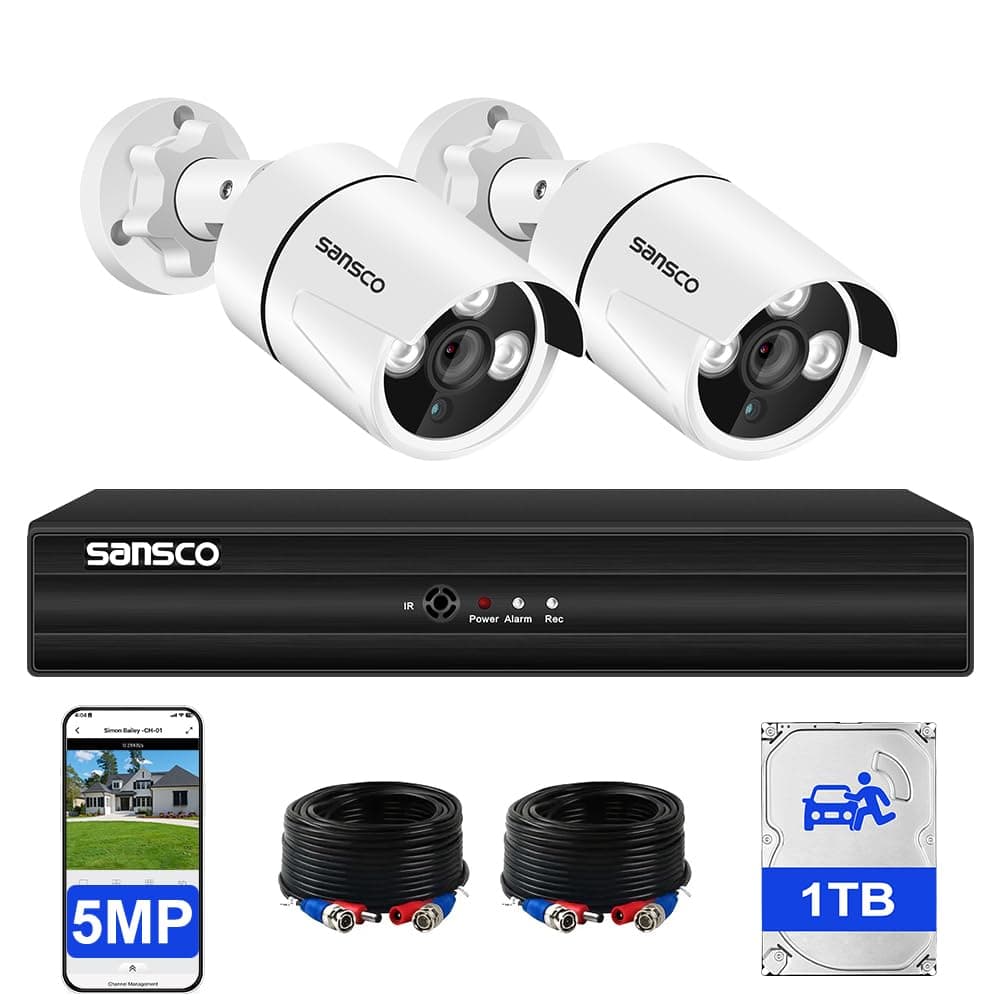 SANSCO 5MP Color Night Vision, Audio Recording, Outdoor Wired CCTV Camera System with 1TB Hard Drive, 4 Channel Surveillance DVR, 2 x 3K Home Security Camera, Human Vehicle Detection, Remote Access