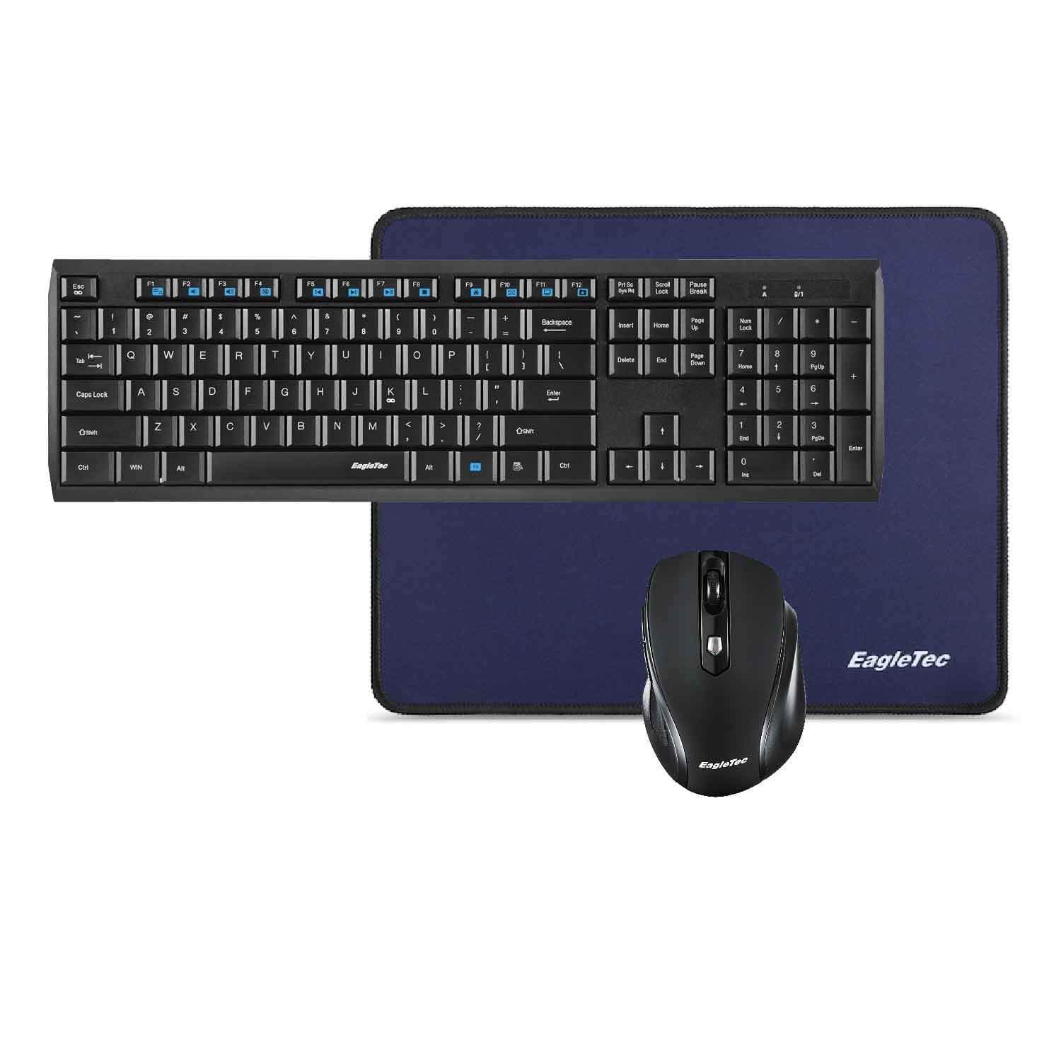Eagletec K104-BB Full-Size Wireless Mouse and Keyboard Combo with Mouse Pad, 2.4GHz USB Wireless Connection for Windows, PC, Laptop