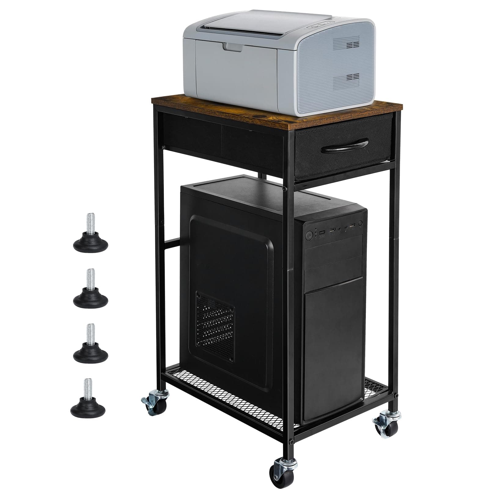 YBING Computer Tower Stand PC Tower Stand with Storage Drawer Mobile CPU Holder Stand with Caster Wheels 2 Tier Rolling Computer Tower Cart for Home Office Fax, Rustic Brown