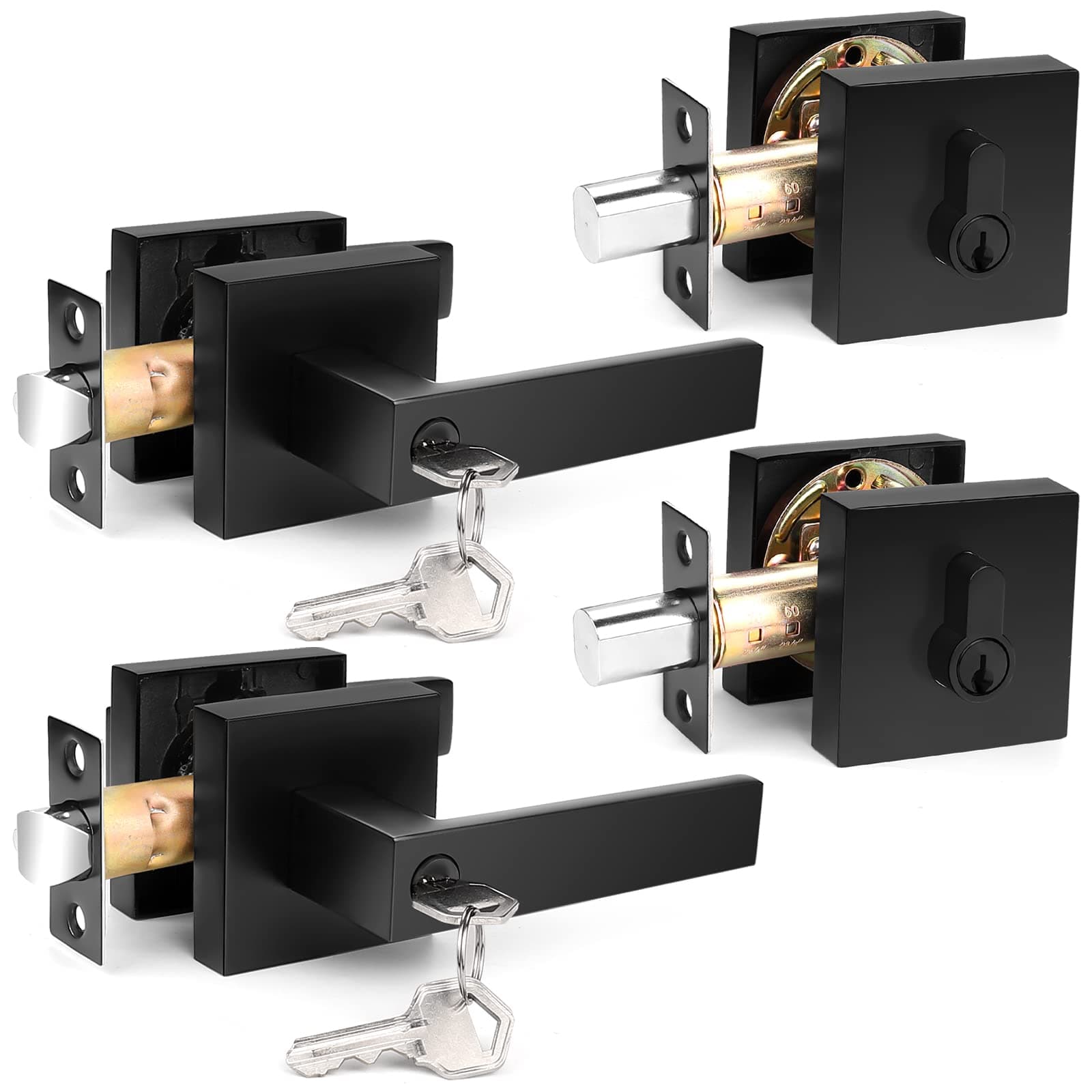 Probrico Square Entry Levers and Single Cylinder Deadbolts Combo Pack, Flat Black Keyed Alike Heavy Duty Keyed Entry Handles Locksets Reversible for Right and Left Side, 2 Pack(All Same Keys)
