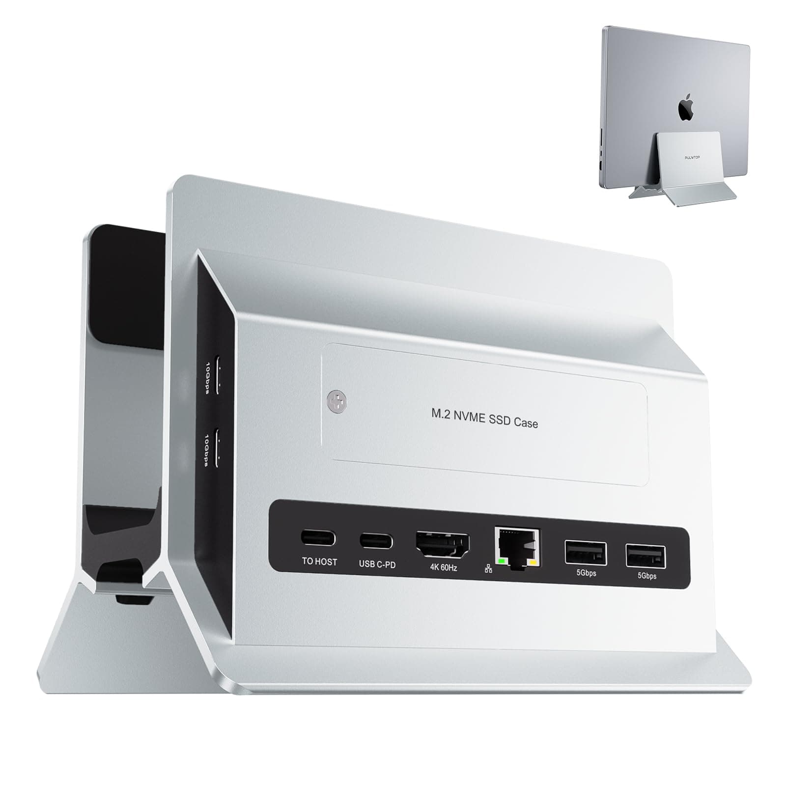 Vertical MacBook Docking Station, PULWTOP Docking Station for Mac mini with M.2 NVMe case for MacBook Pro/Air, 4K@60Hz HDMI, 2USB C 10Gbps, SD/TF, 100W PD, RJ45, 2 USB A for Windows Sliver